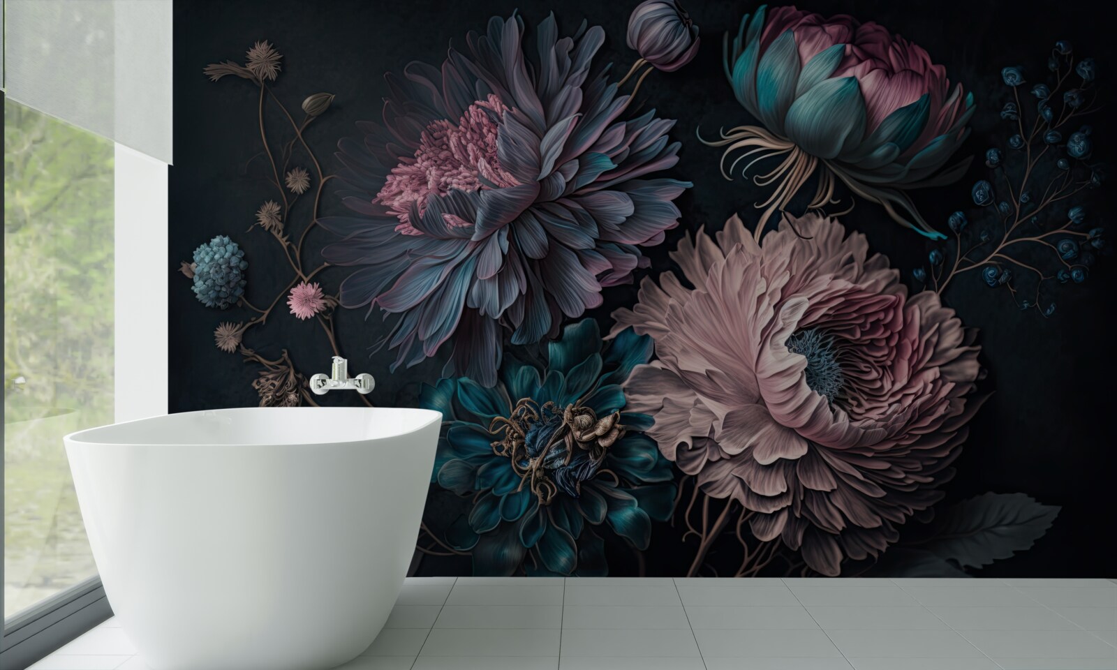 Papier peint fleurs tropicales s'épanouissant sur un fond sombre