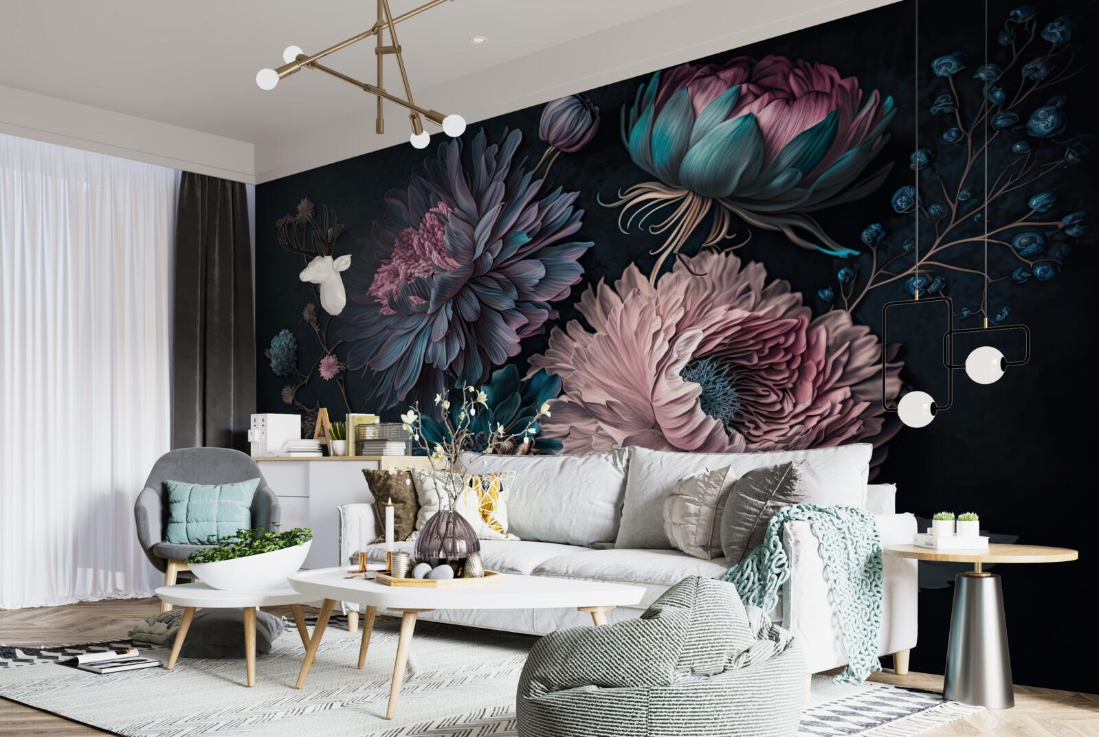 Papier peint fleurs tropicales s'épanouissant sur un fond sombre