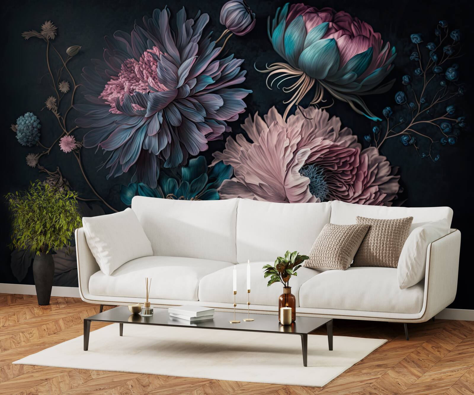 Papier peint fleurs tropicales s'épanouissant sur un fond sombre