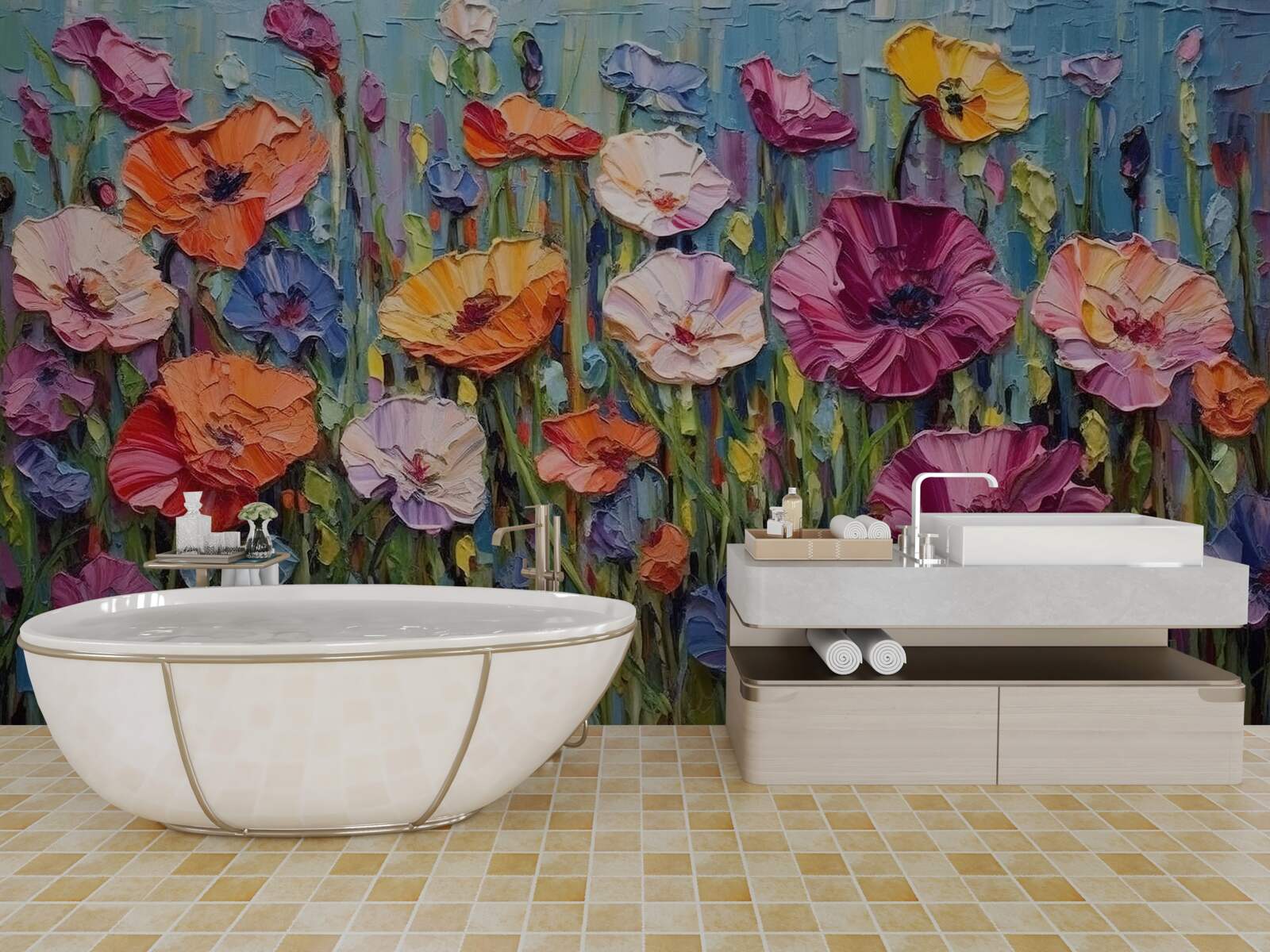 Papier peint fleurs d'été dans le champ sous le ciel