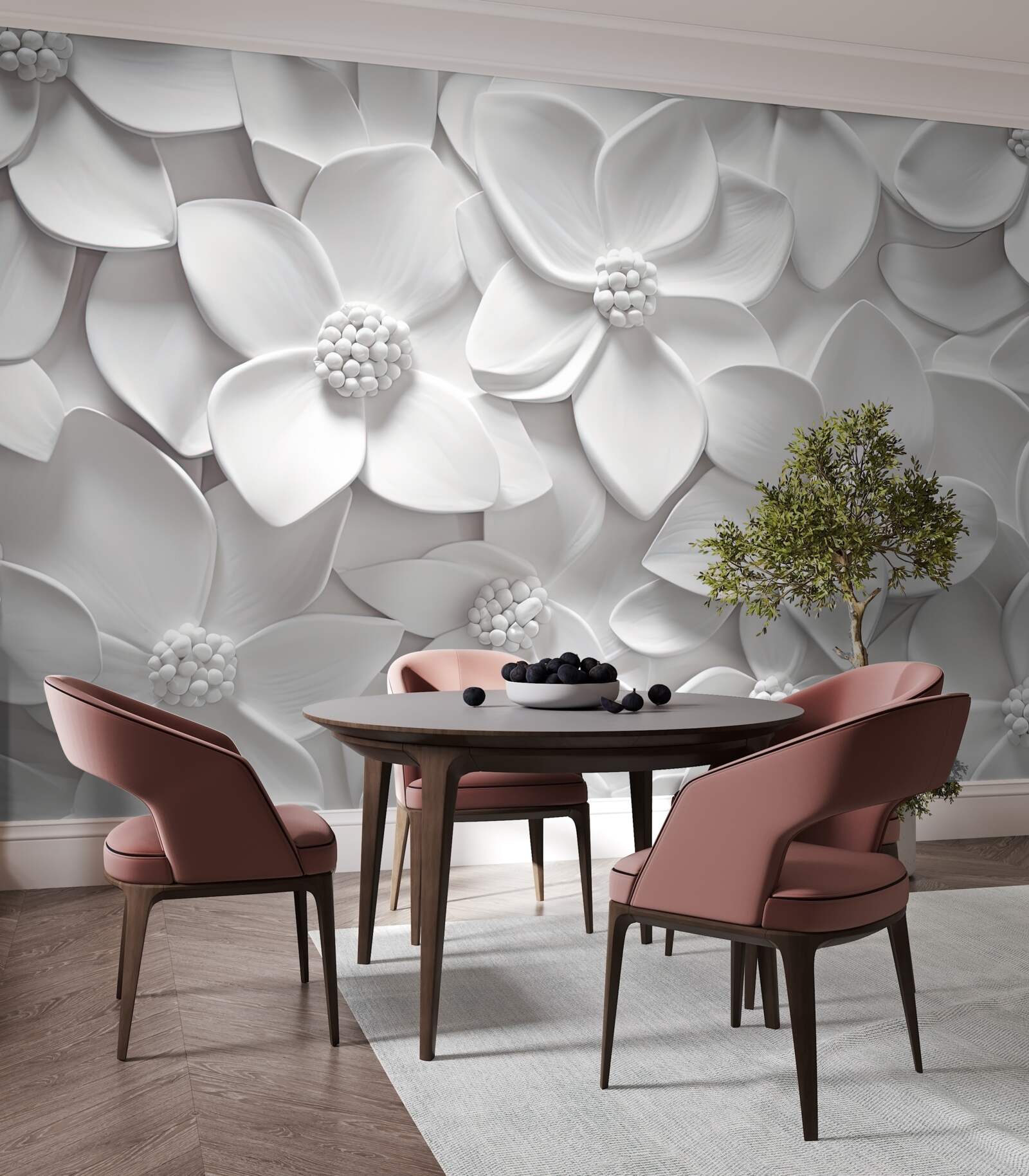 Papier peint fleurs blanches combinées en bas-relief