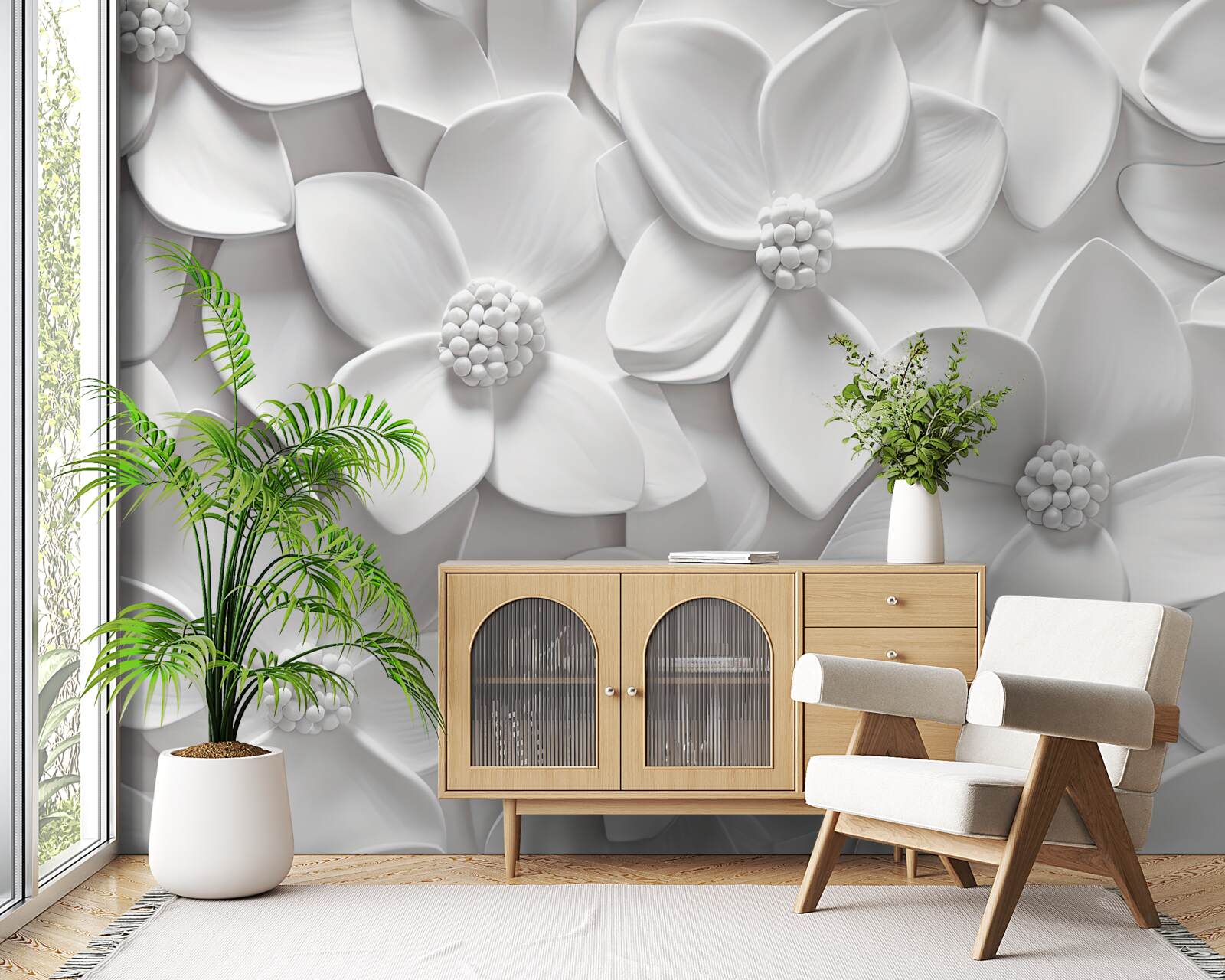 Papier peint fleurs blanches combinées en bas-relief