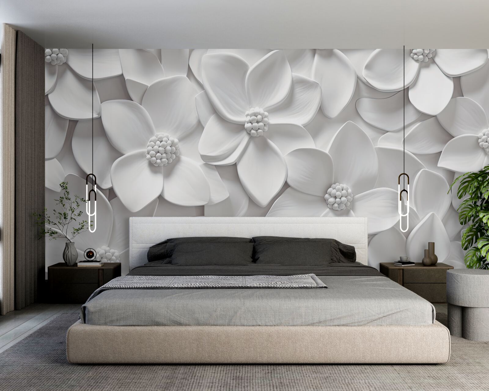 Papier peint fleurs blanches combinées en bas-relief