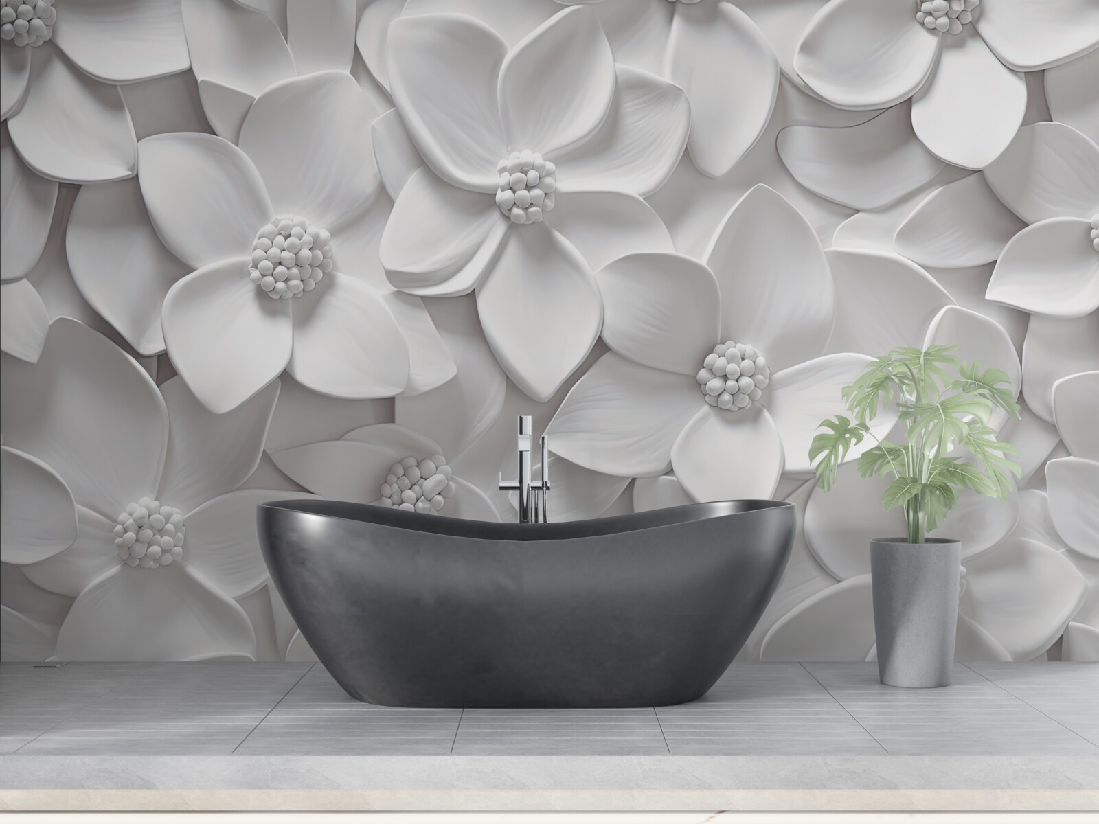 Papier peint fleurs blanches combinées en bas-relief