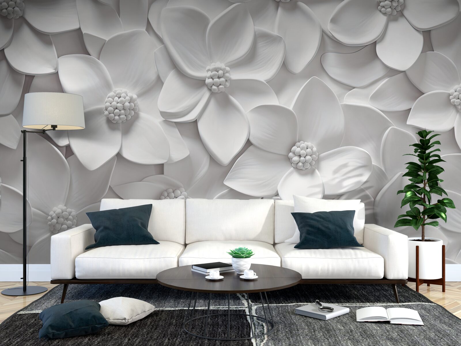 Papier peint fleurs blanches combinées en bas-relief