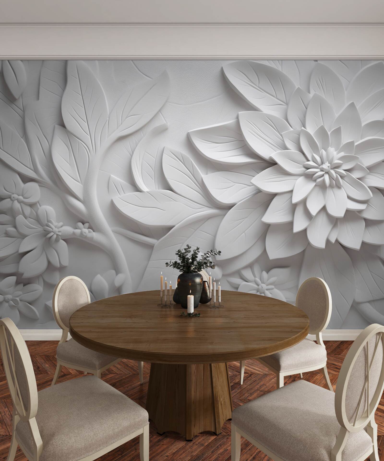 Papier peint fleurs blanches texturées