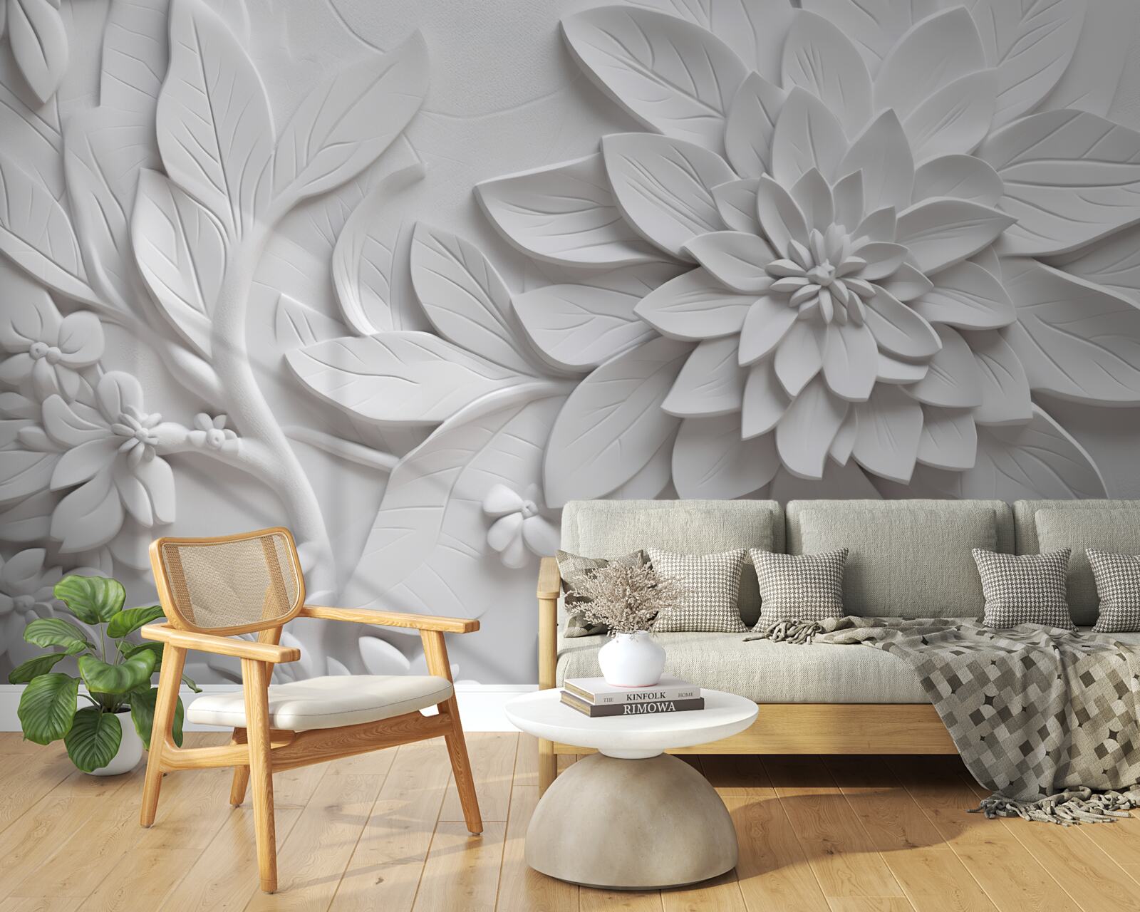 Papier peint fleurs blanches texturées