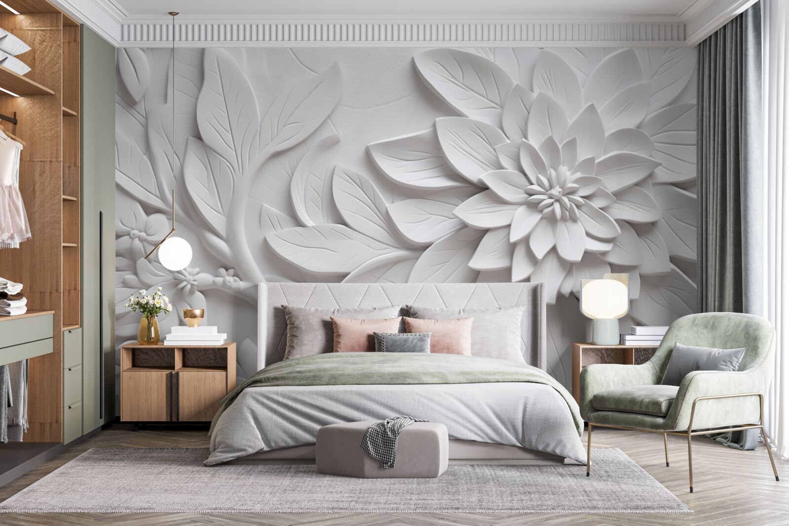 Papier peint fleurs blanches texturées