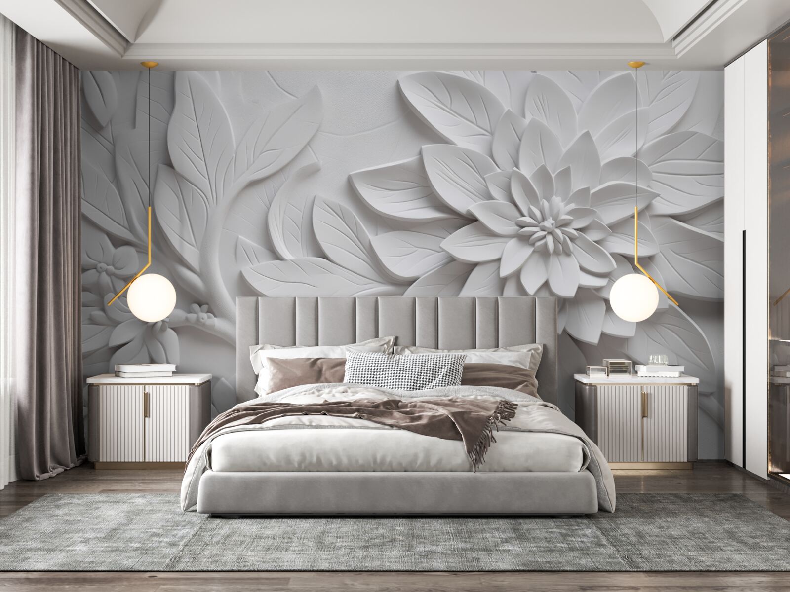 Papier peint fleurs blanches texturées