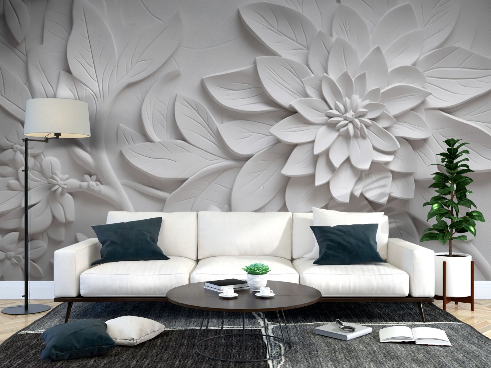 Papier peint fleurs blanches texturées