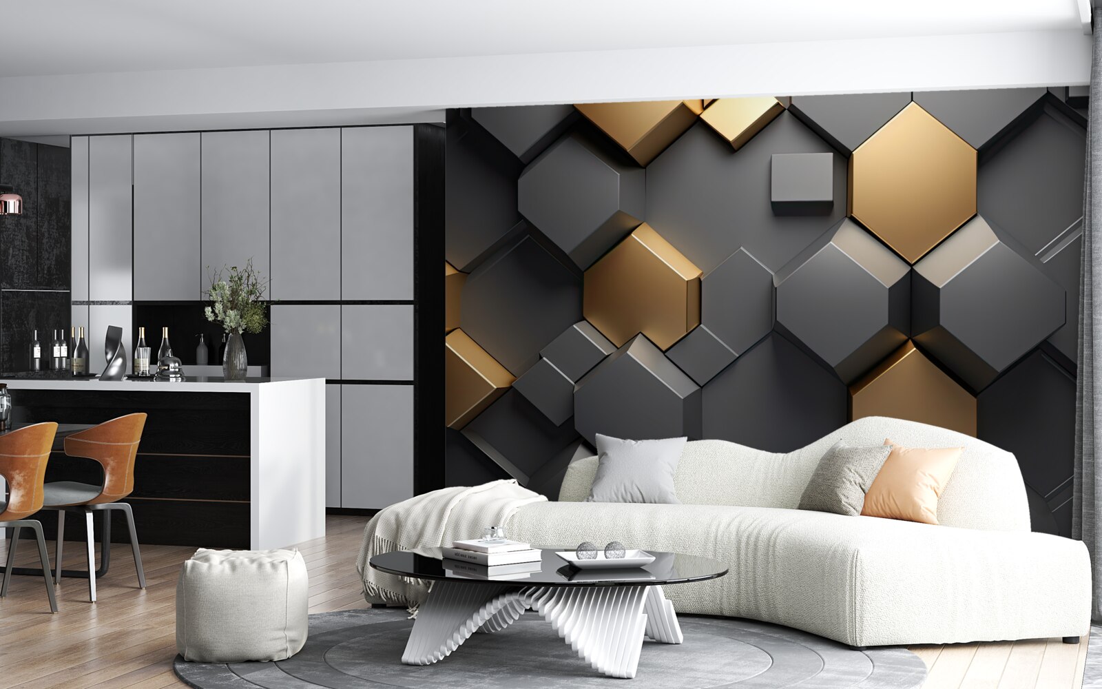 Papier peint formes géométriques en noir et or