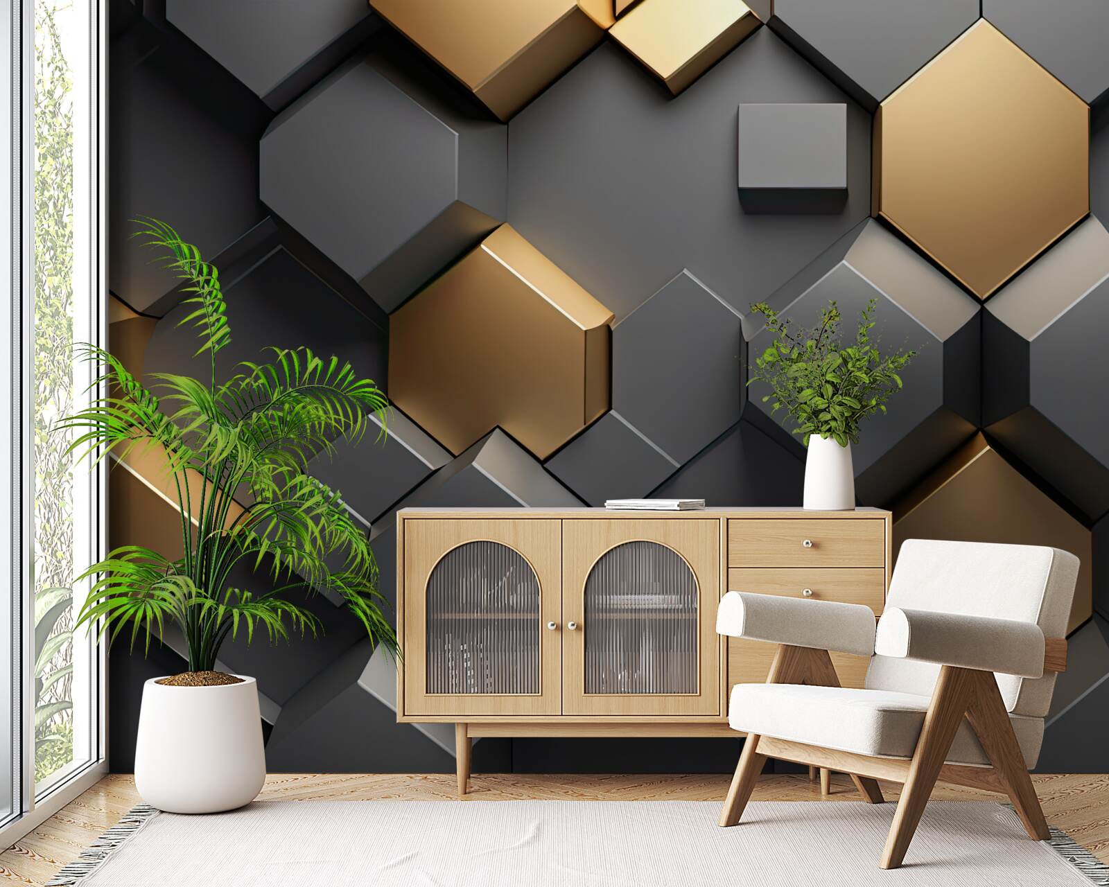 Papier peint formes géométriques en noir et or