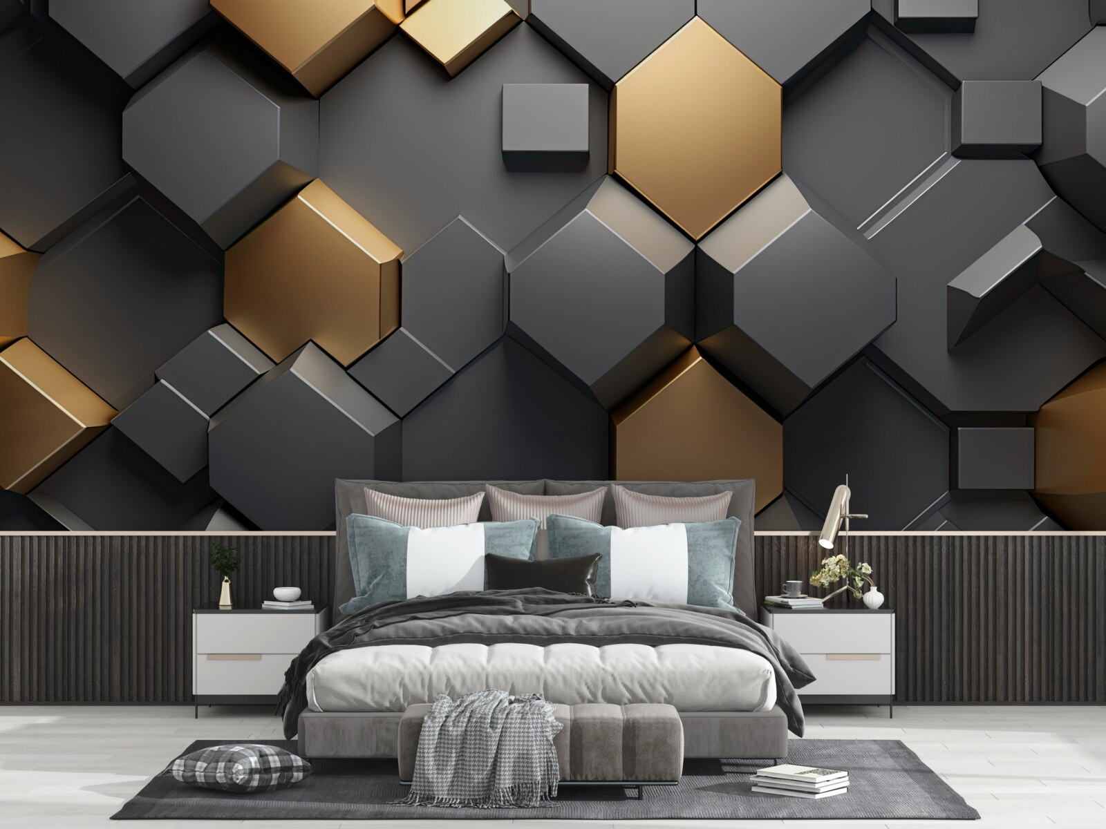 Papier peint formes géométriques en noir et or