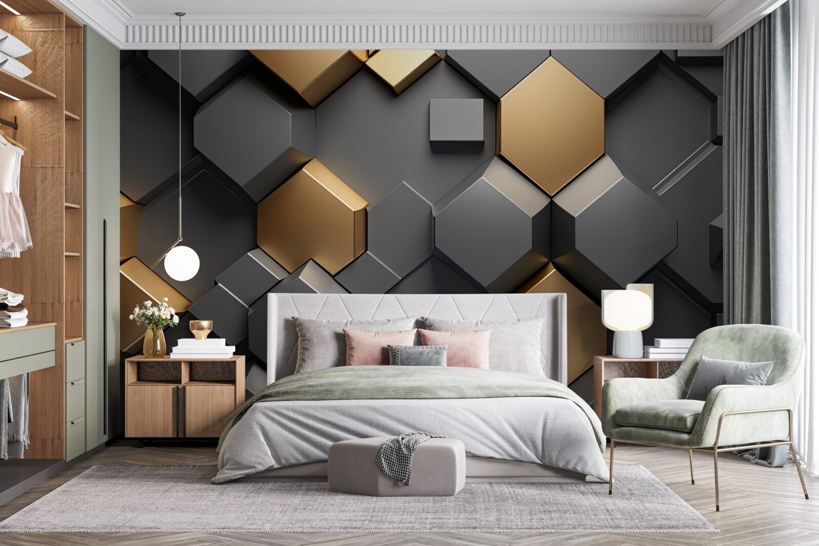 Papier peint formes géométriques en noir et or