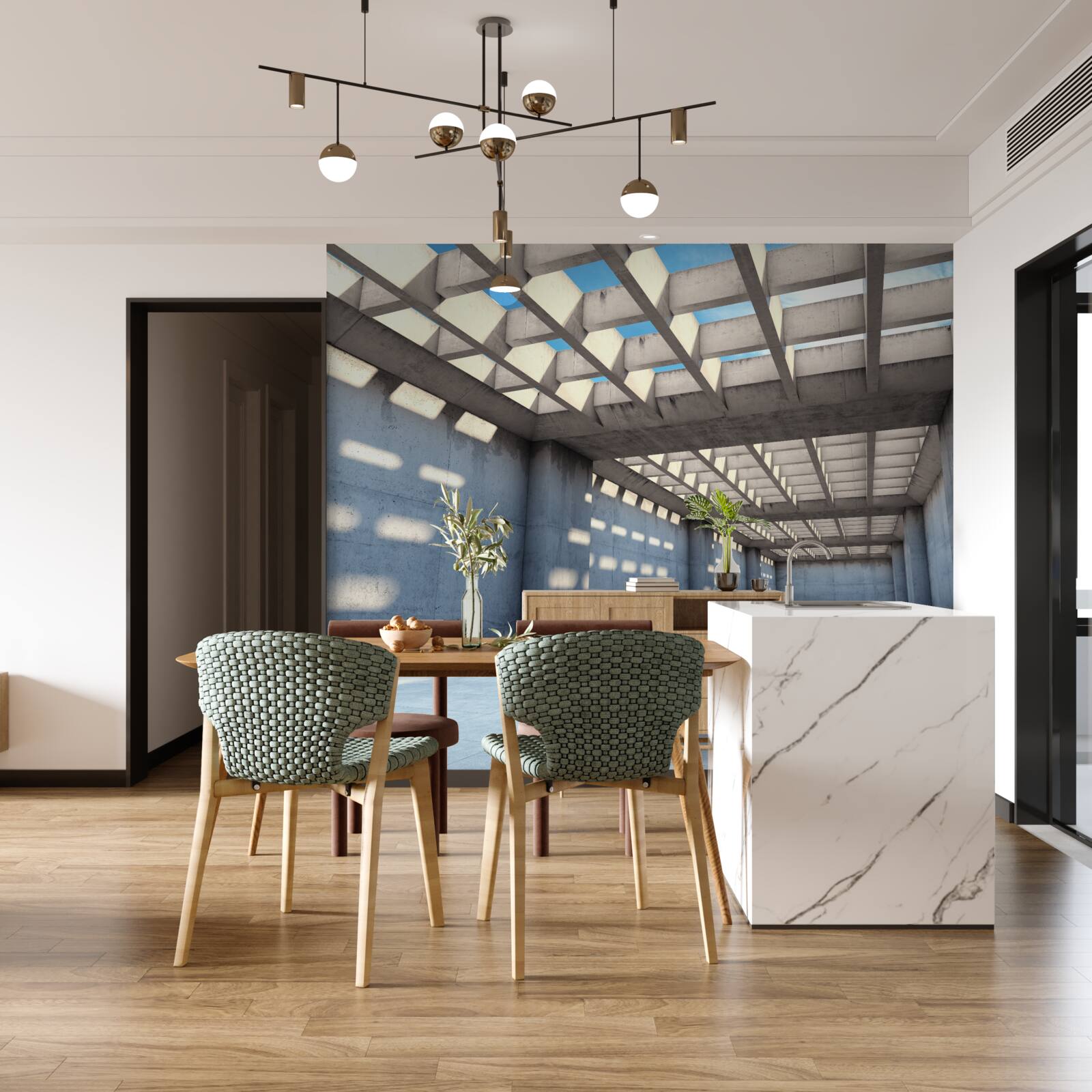 Papier peint couloir inondé de lumière avec plafond en bois transparent