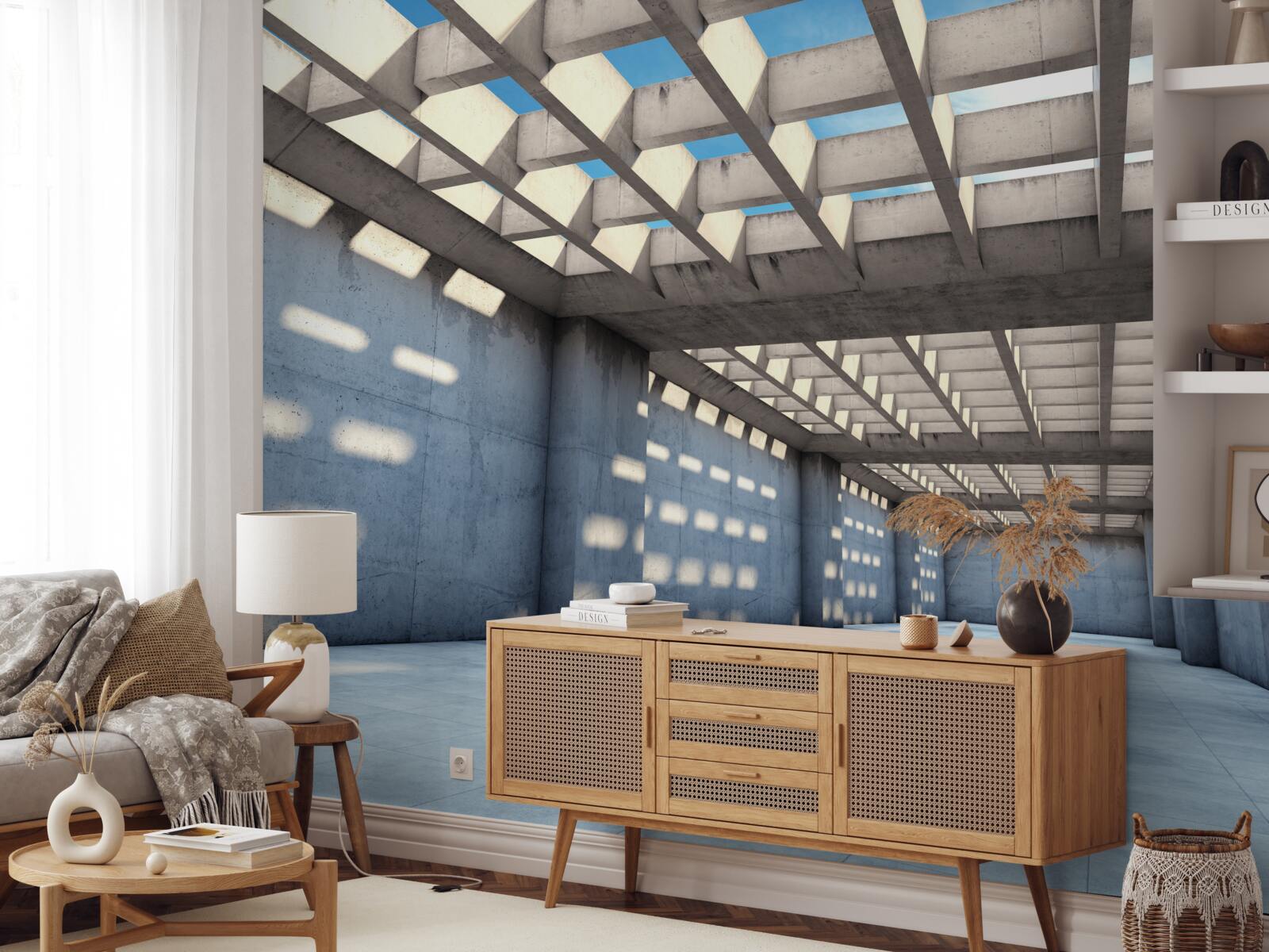 Papier peint couloir inondé de lumière avec plafond en bois transparent