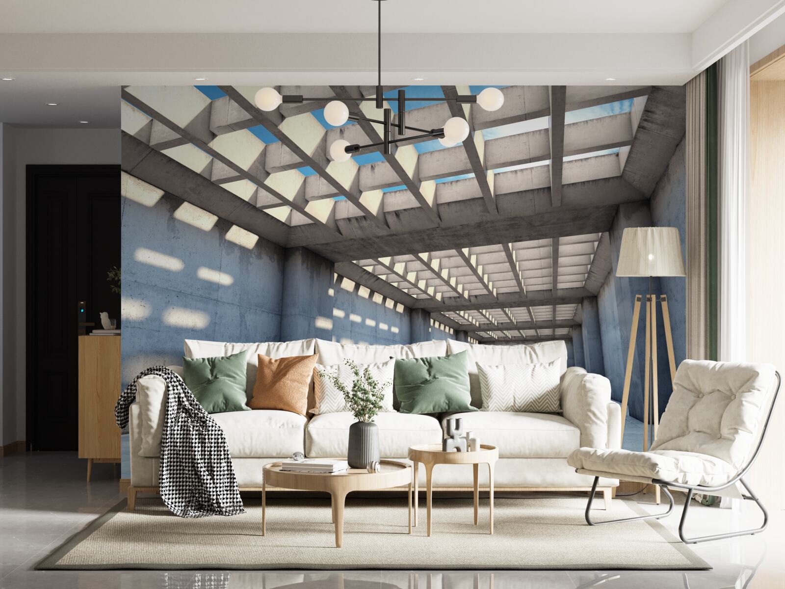 Papier peint couloir inondé de lumière avec plafond en bois transparent