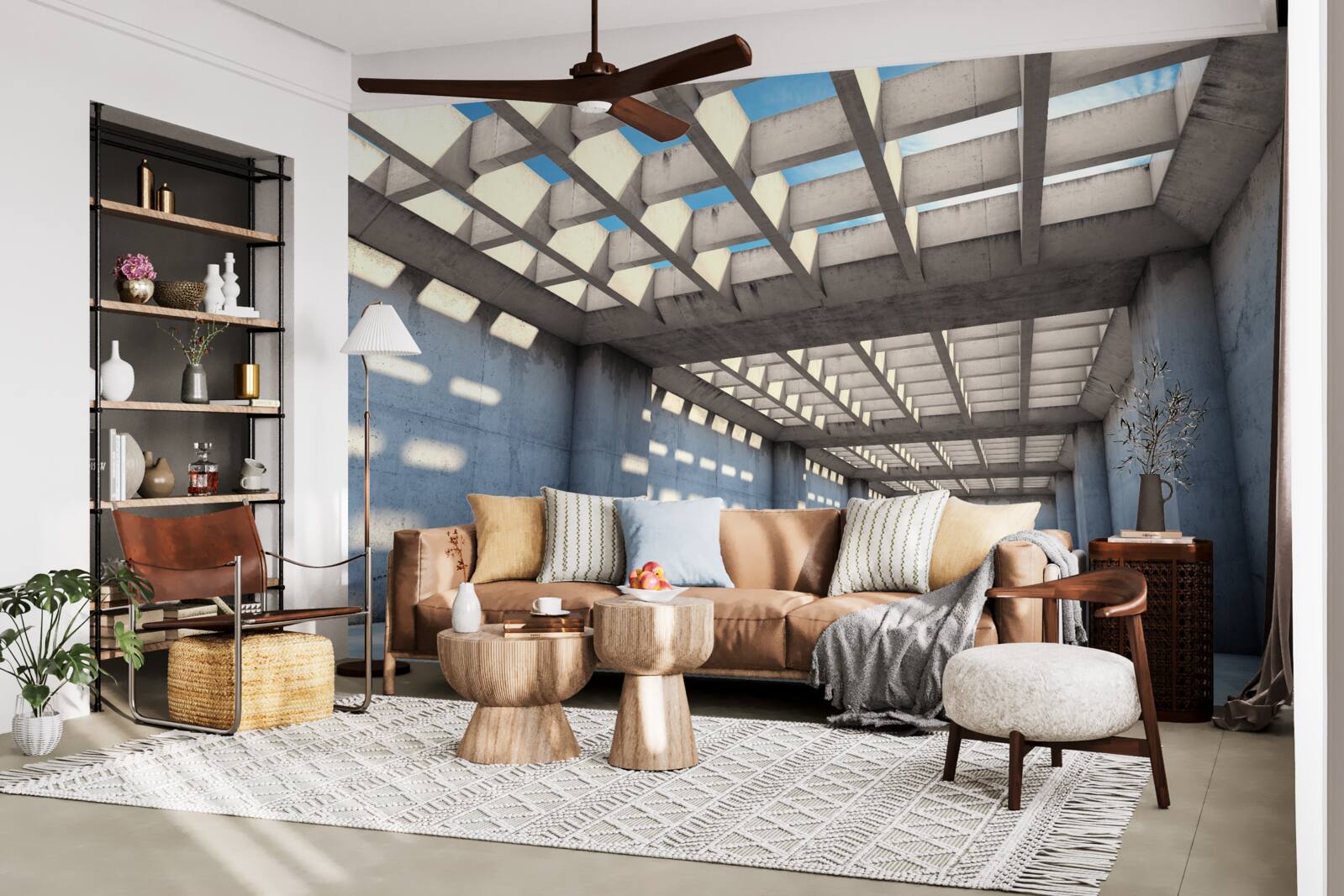 Papier peint couloir inondé de lumière avec plafond en bois transparent