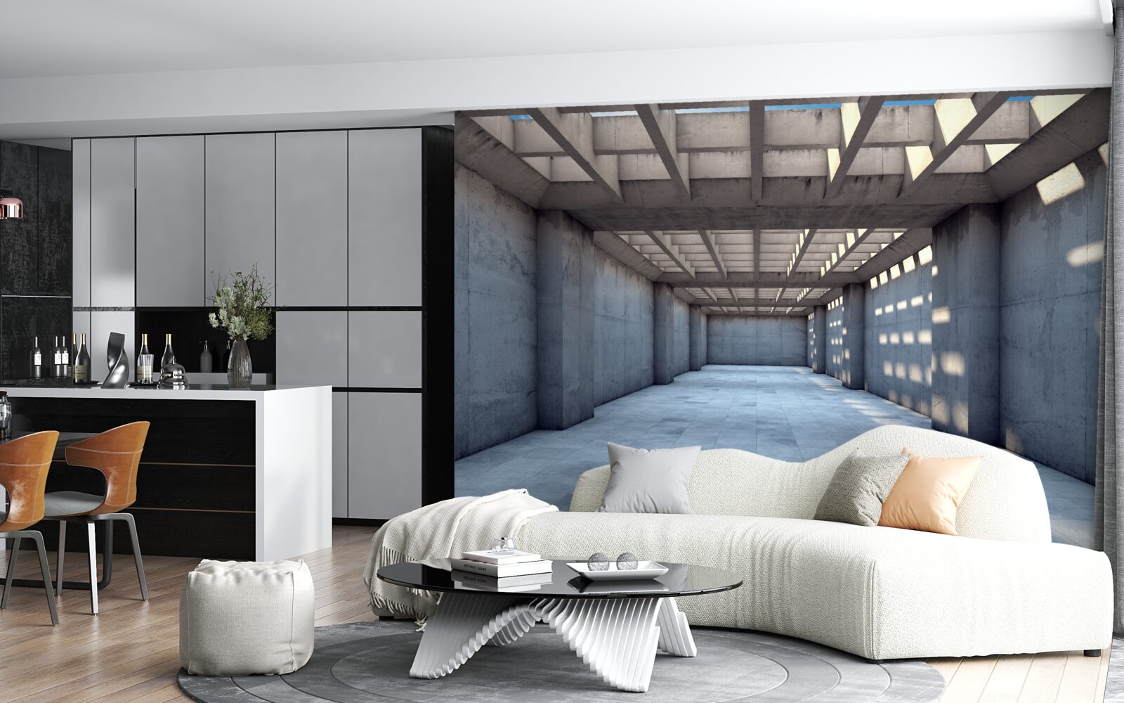 Papier peint couloir très éclairé dont le plafond est recouvert d'une grille en bois