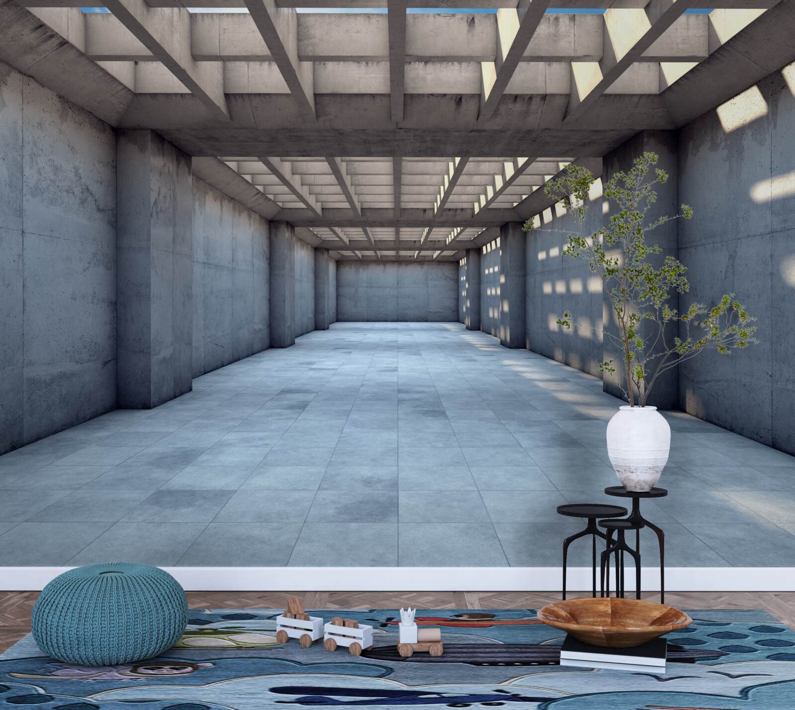 Papier peint couloir très éclairé dont le plafond est recouvert d'une grille en bois