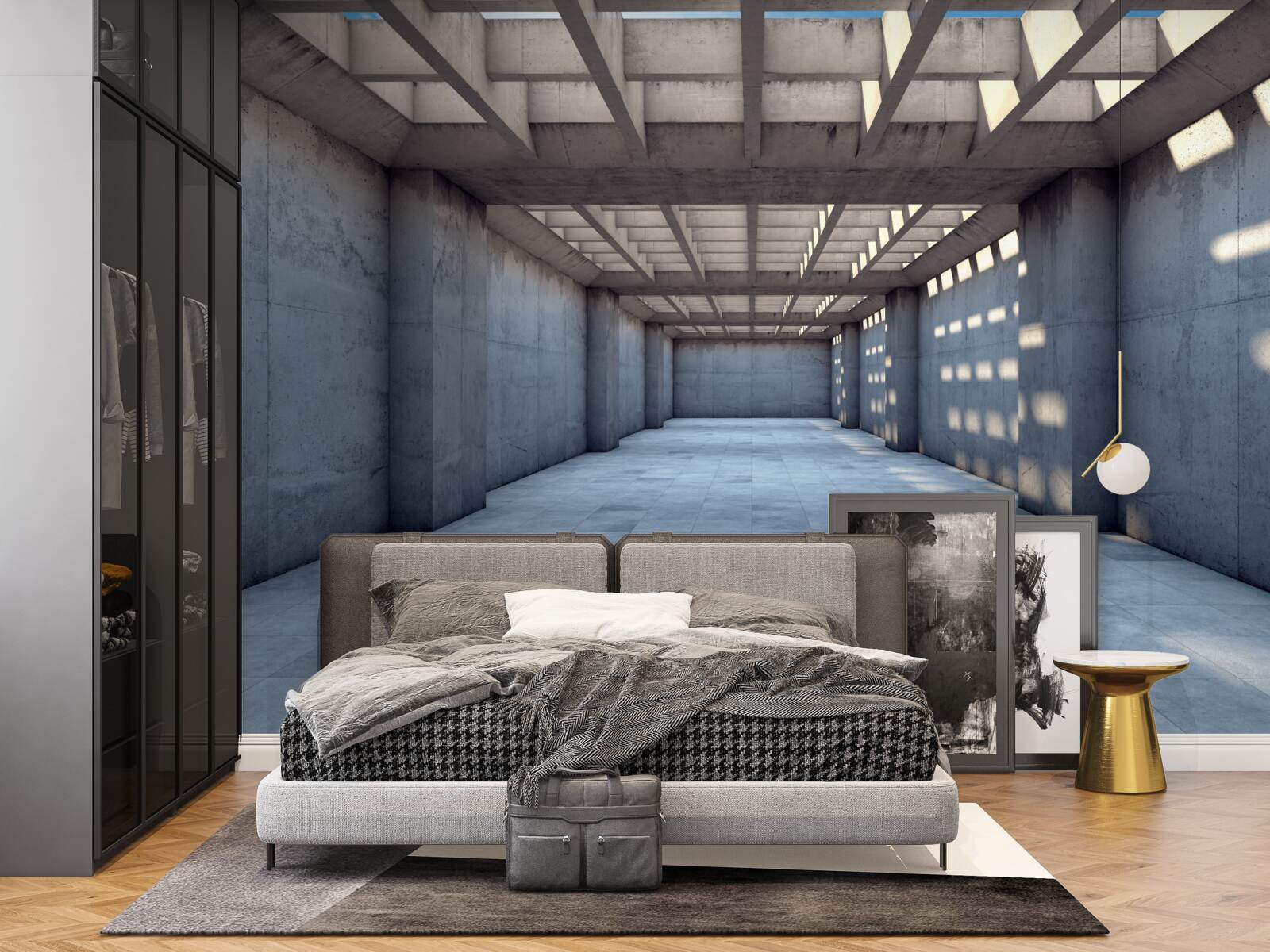 Papier peint couloir très éclairé dont le plafond est recouvert d'une grille en bois