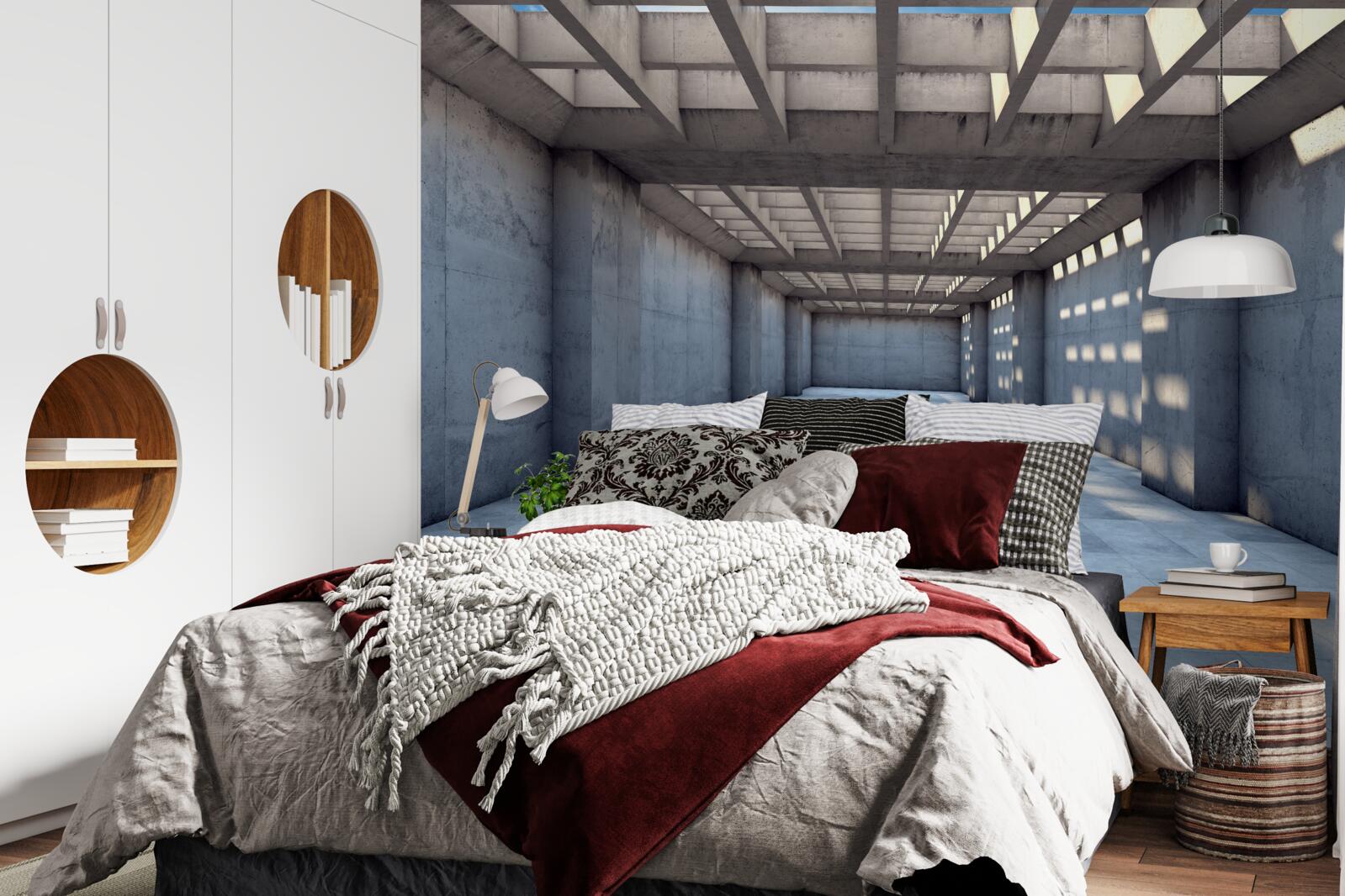 Papier peint couloir très éclairé dont le plafond est recouvert d'une grille en bois