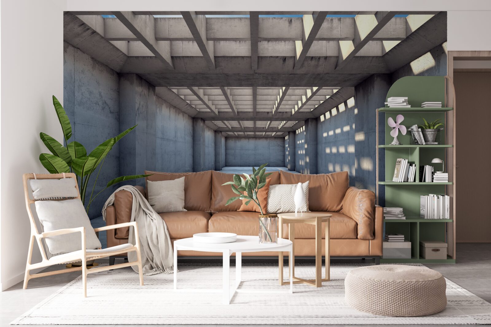 Papier peint couloir très éclairé dont le plafond est recouvert d'une grille en bois