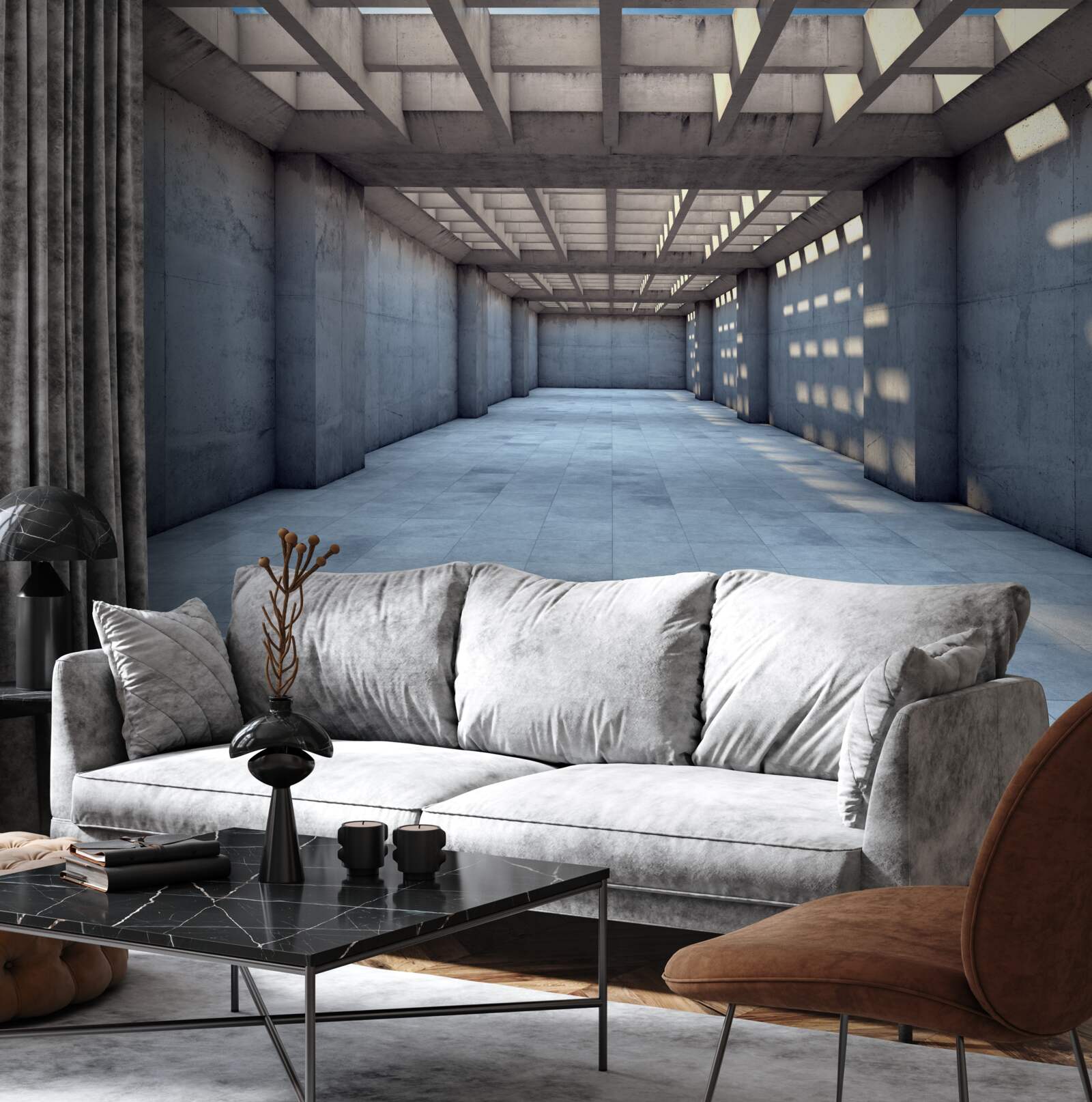 Papier peint couloir très éclairé dont le plafond est recouvert d'une grille en bois