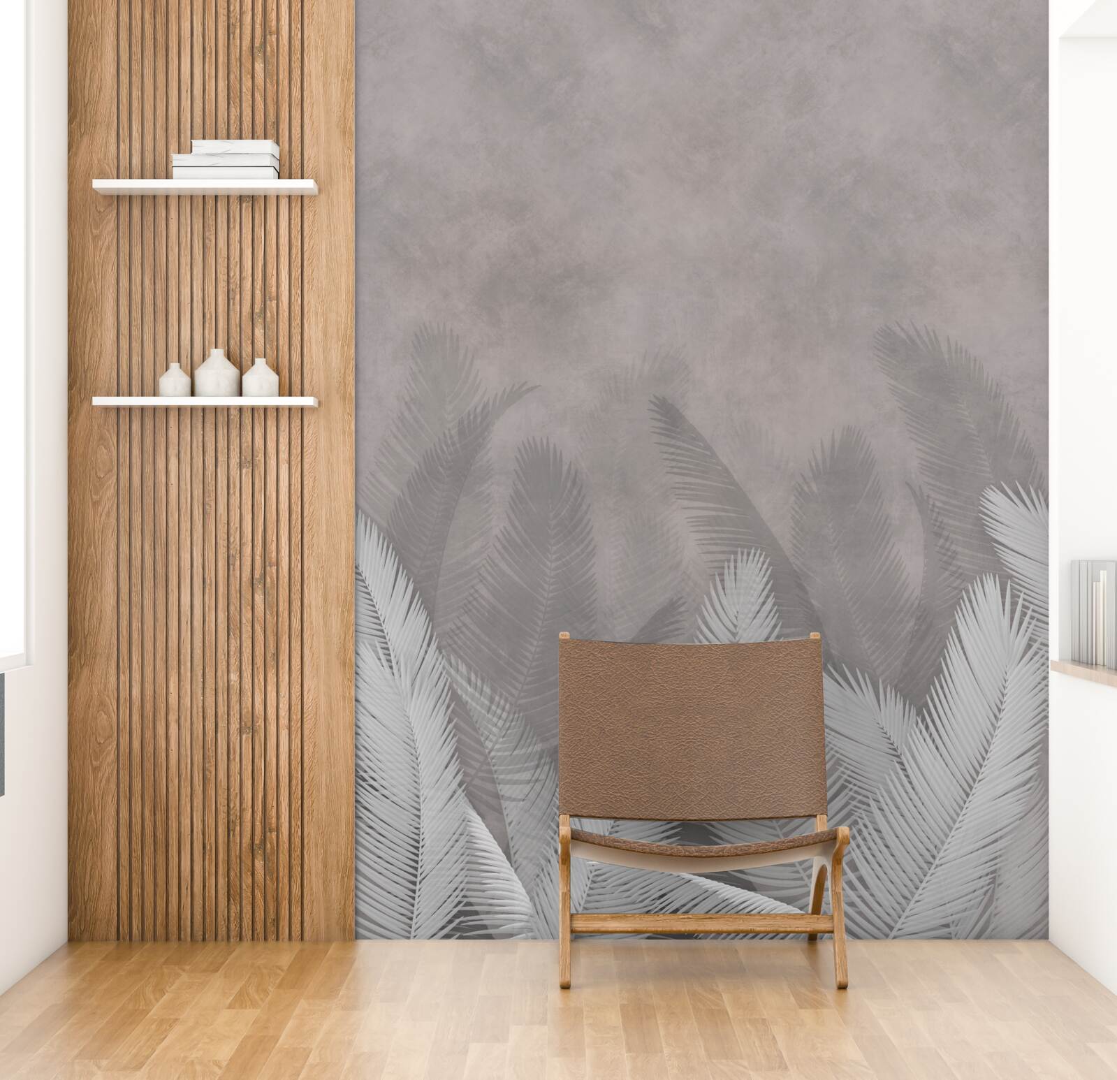 Papier peint la forêt brumeuse est éclairée par les feuilles lumineuses des fougères