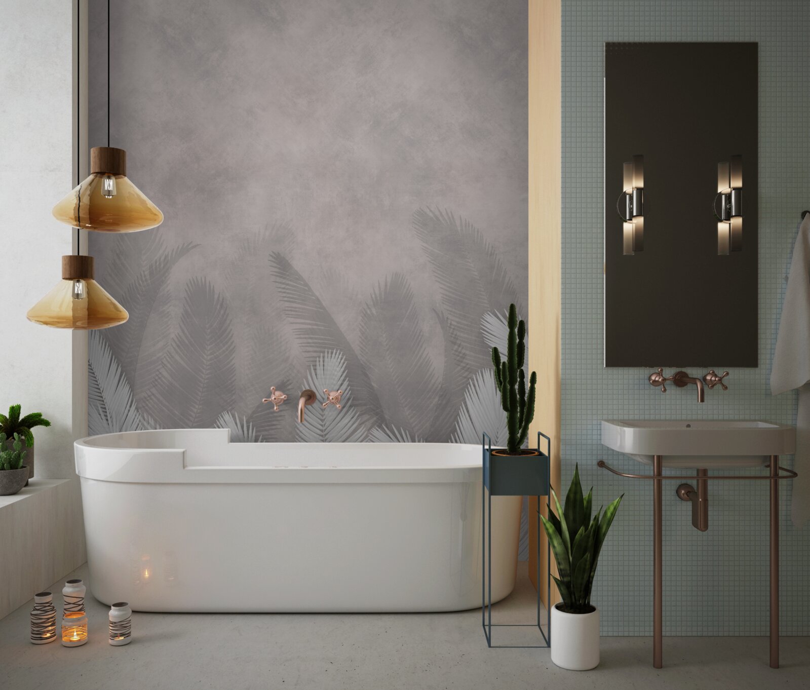 Papier peint la forêt brumeuse est éclairée par les feuilles lumineuses des fougères