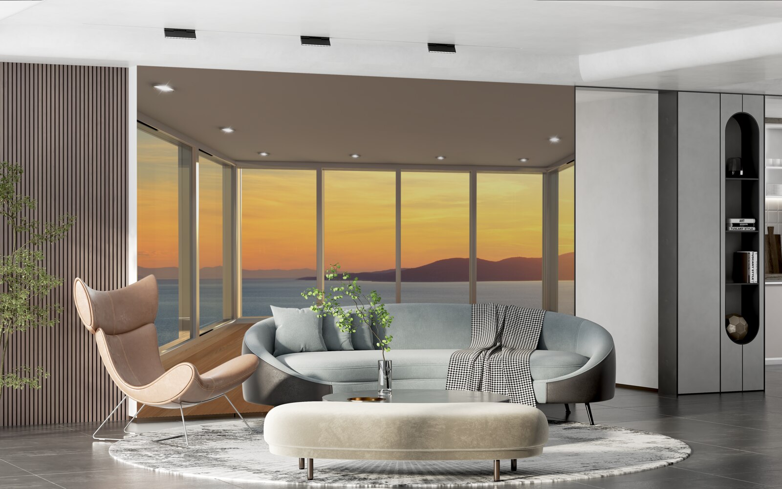 Papier peint paysage incroyablement beau du coucher de soleil et de la mer depuis les fenêtres panoramiques