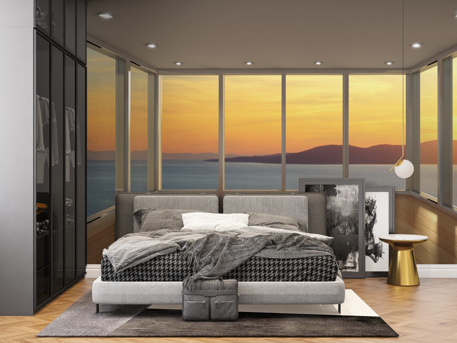 Papier peint paysage incroyablement beau du coucher de soleil et de la mer depuis les fenêtres panoramiques