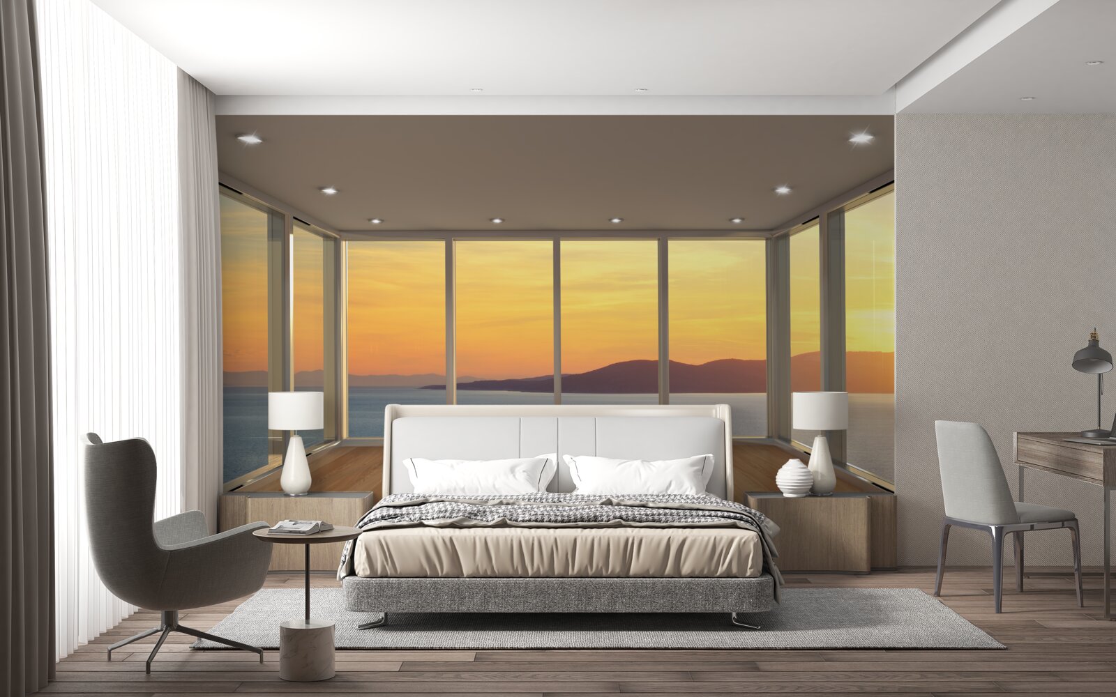 Papier peint paysage incroyablement beau du coucher de soleil et de la mer depuis les fenêtres panoramiques