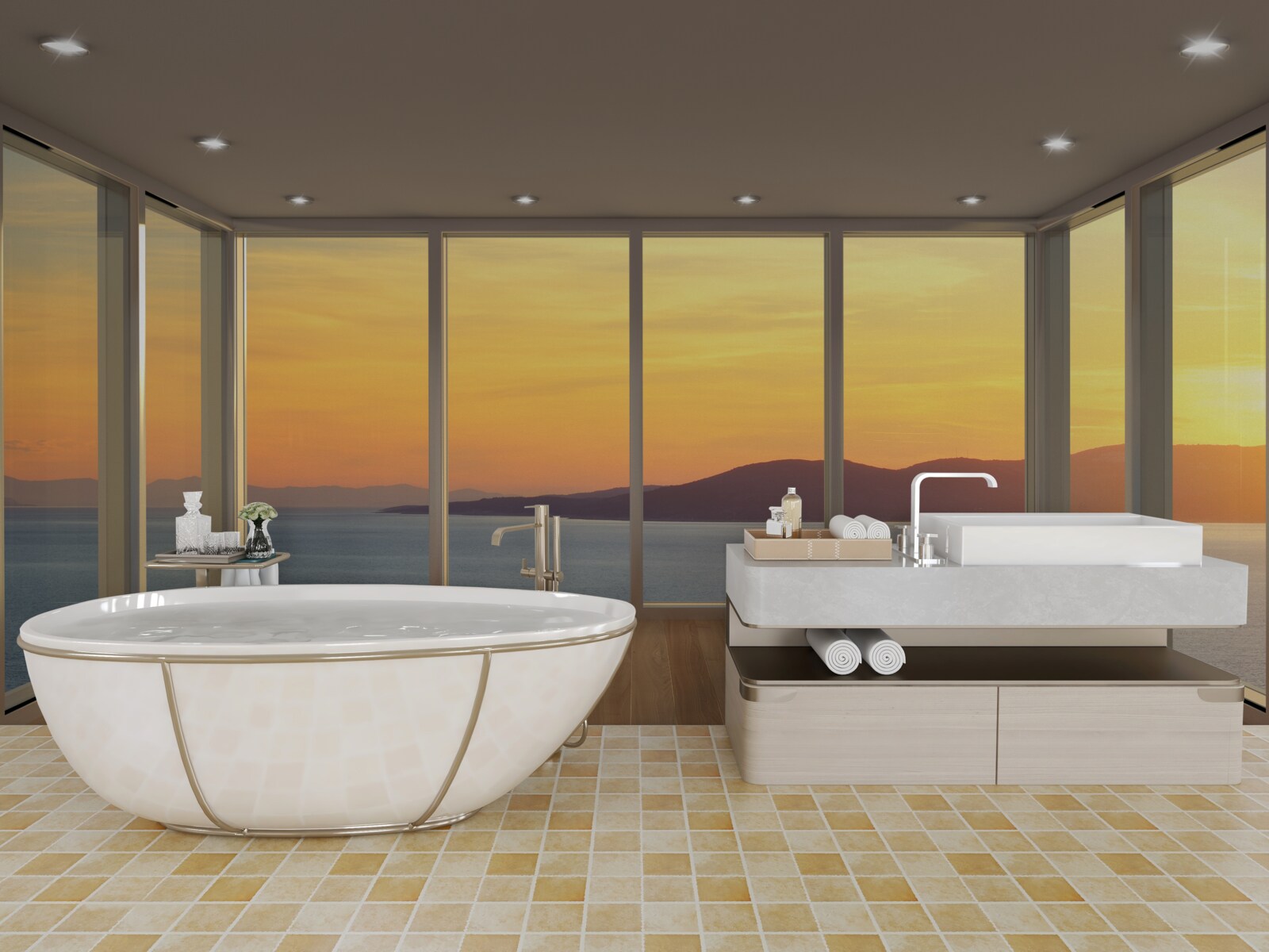 Papier peint paysage incroyablement beau du coucher de soleil et de la mer depuis les fenêtres panoramiques