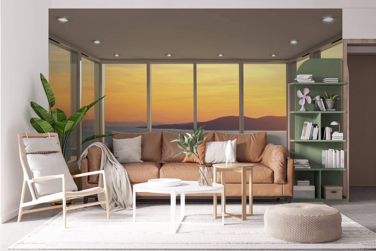 Papier peint paysage incroyablement beau du coucher de soleil et de la mer depuis les fenêtres panoramiques