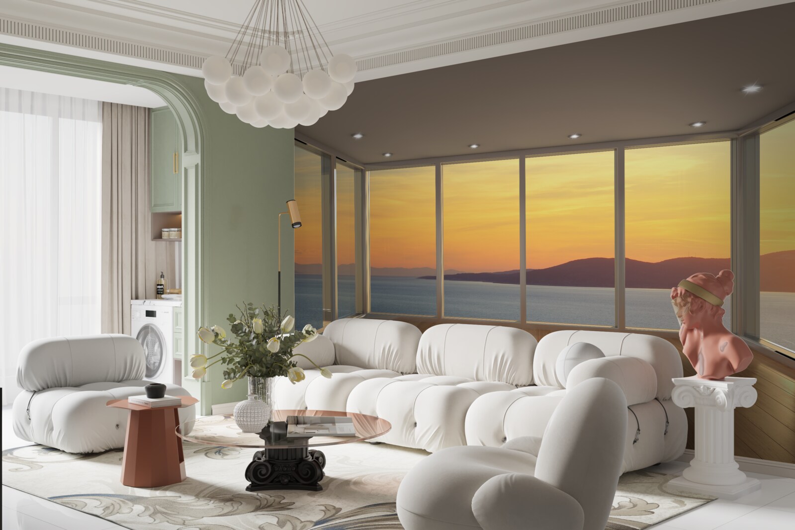 Papier peint paysage incroyablement beau du coucher de soleil et de la mer depuis les fenêtres panoramiques