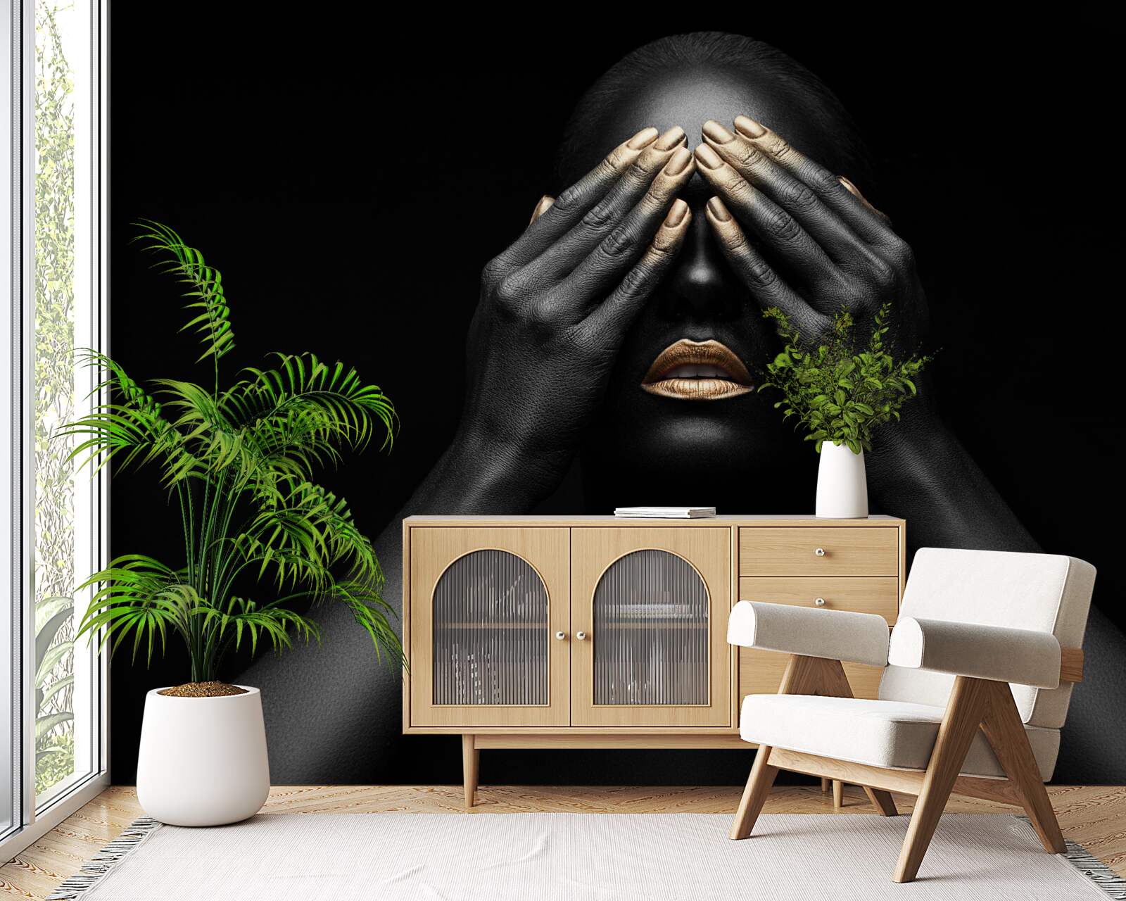 Papier peint la jeune fille se couvre les yeux avec ses mains