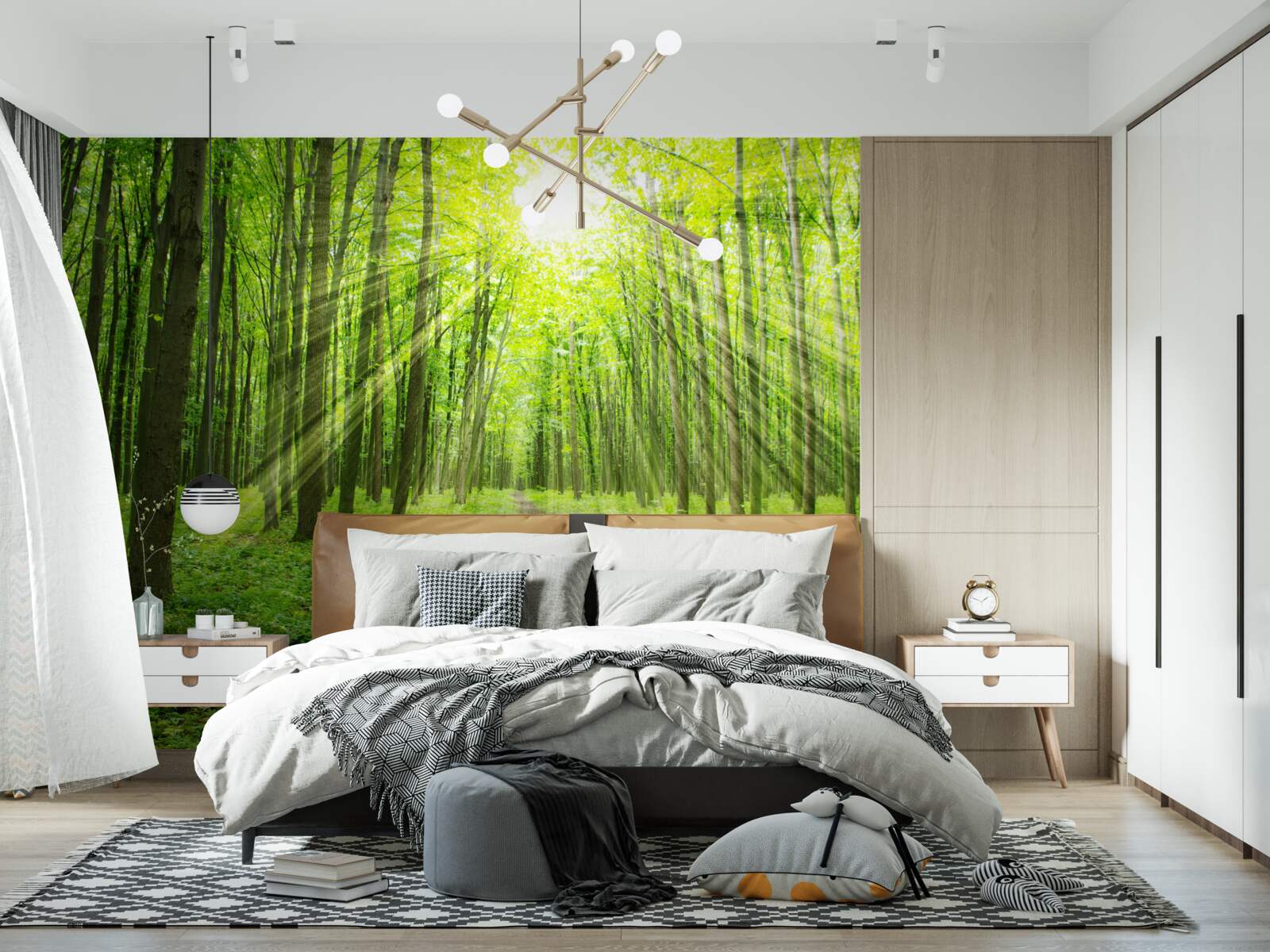 Papier peint Les rayons du soleil dans la forêt verdoyante illuminent tout ce qui l'entoure.