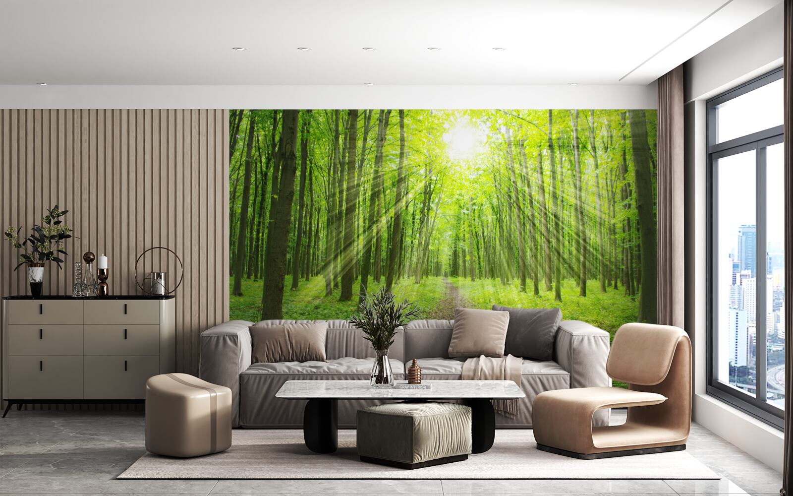 Papier peint Les rayons du soleil dans la forêt verdoyante illuminent tout ce qui l'entoure.