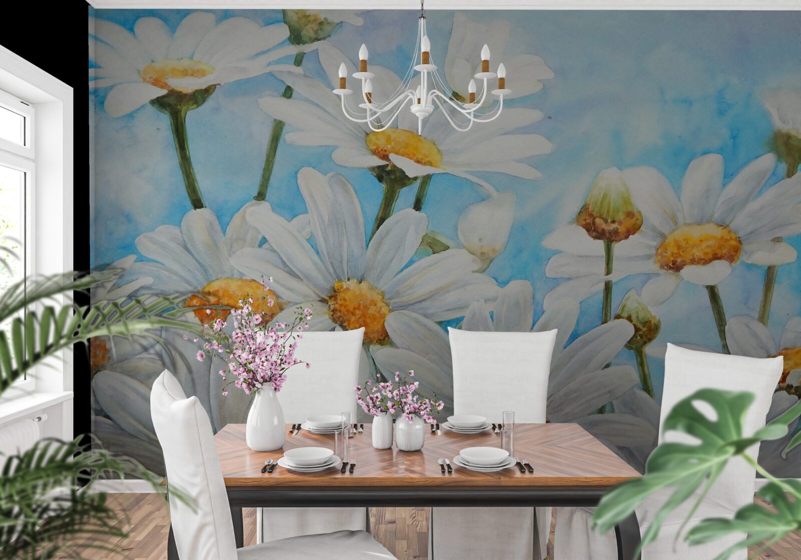 Papier peint contre le ciel, un champ parsemé de marguerites blanches d'été