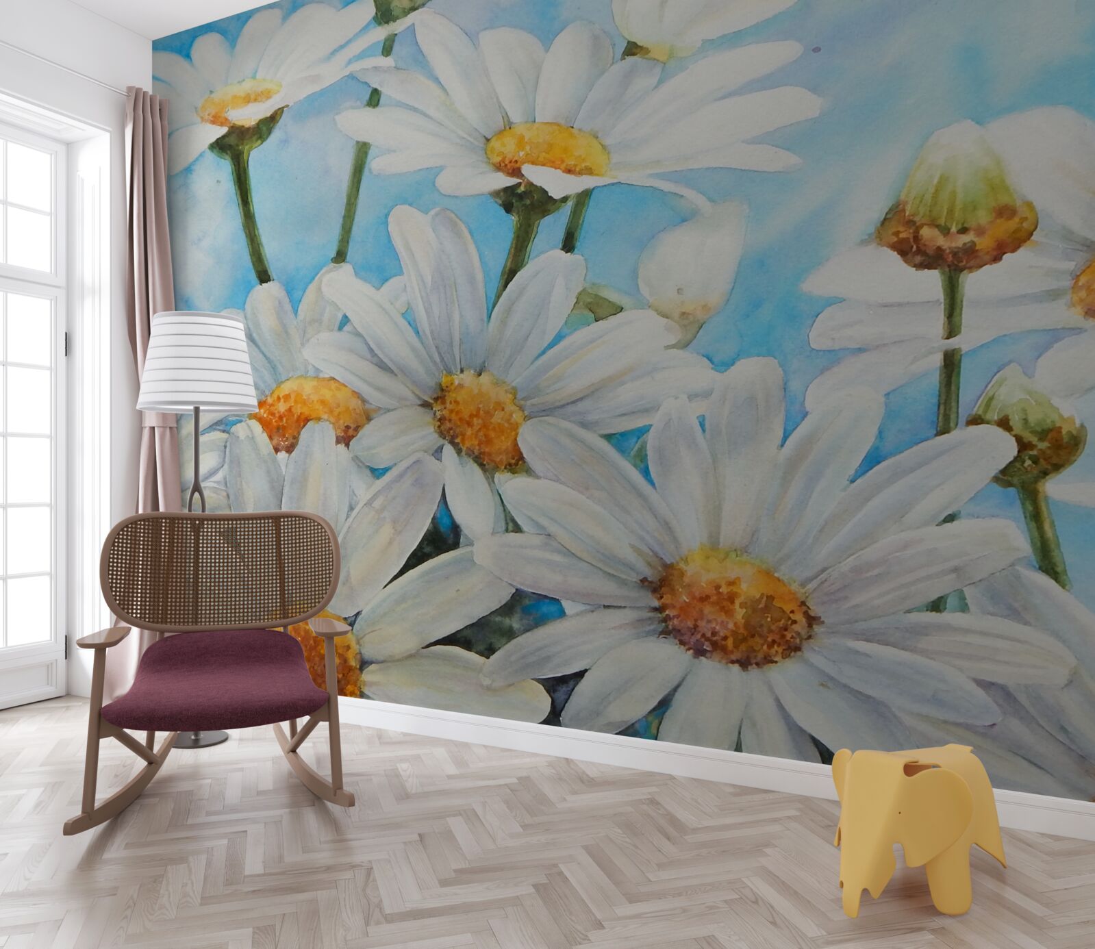 Papier peint contre le ciel, un champ parsemé de marguerites blanches d'été