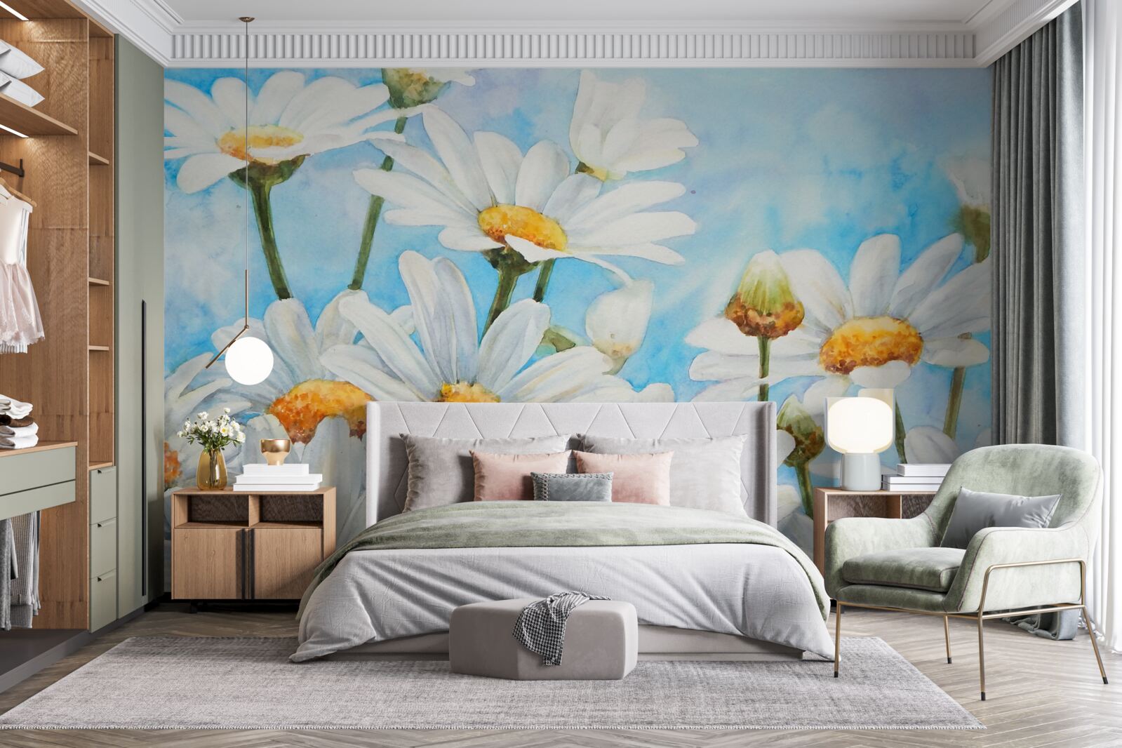 Papier peint contre le ciel, un champ parsemé de marguerites blanches d'été