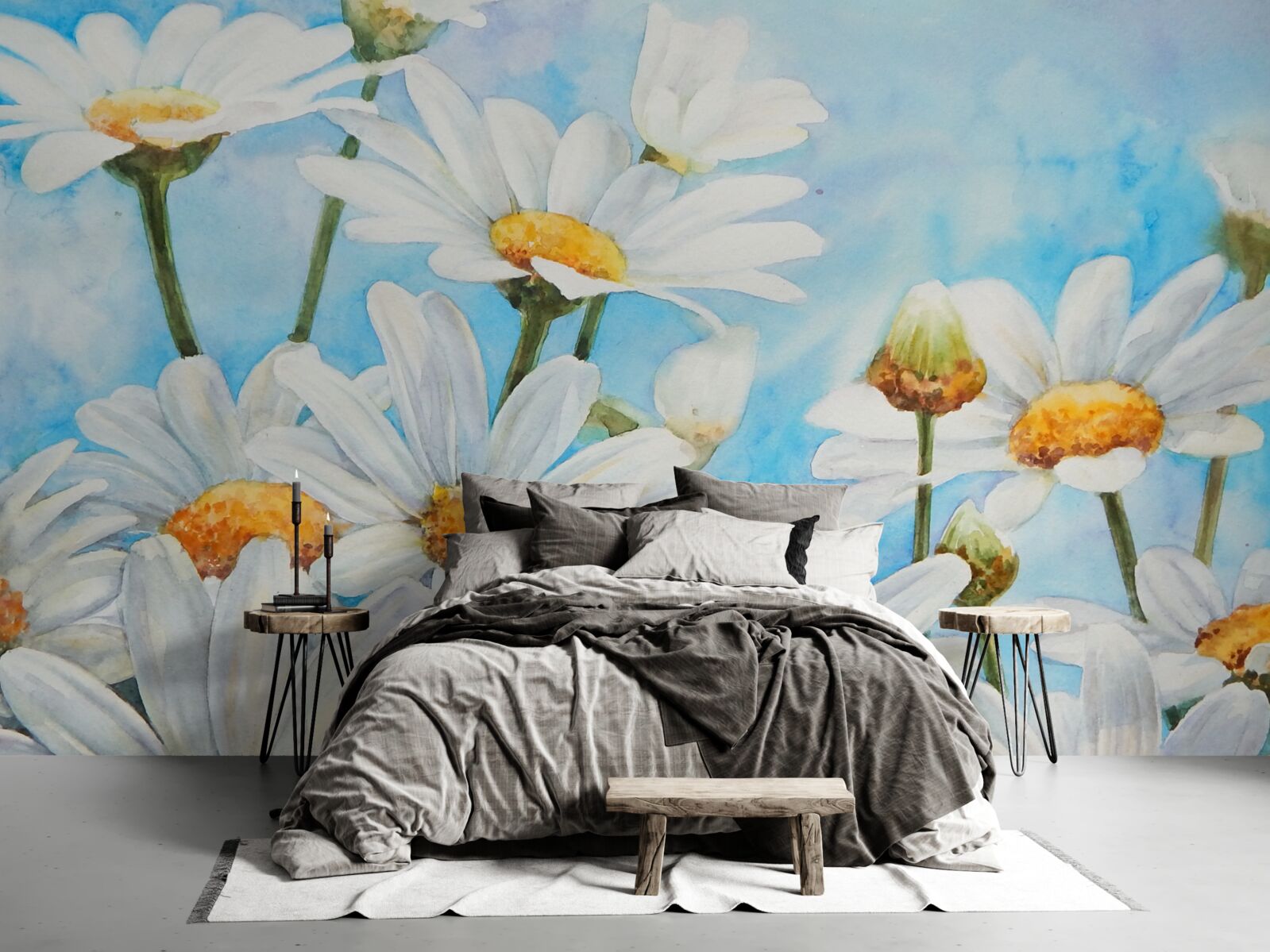 Papier peint contre le ciel, un champ parsemé de marguerites blanches d'été