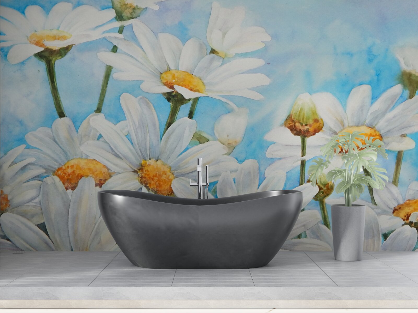 Papier peint contre le ciel, un champ parsemé de marguerites blanches d'été