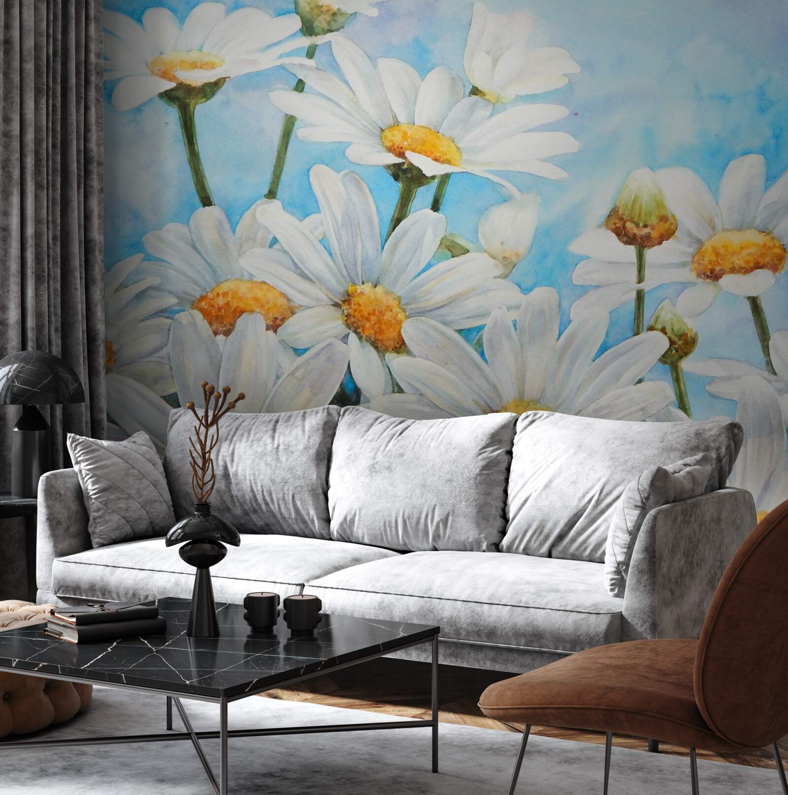 Papier peint contre le ciel, un champ parsemé de marguerites blanches d'été