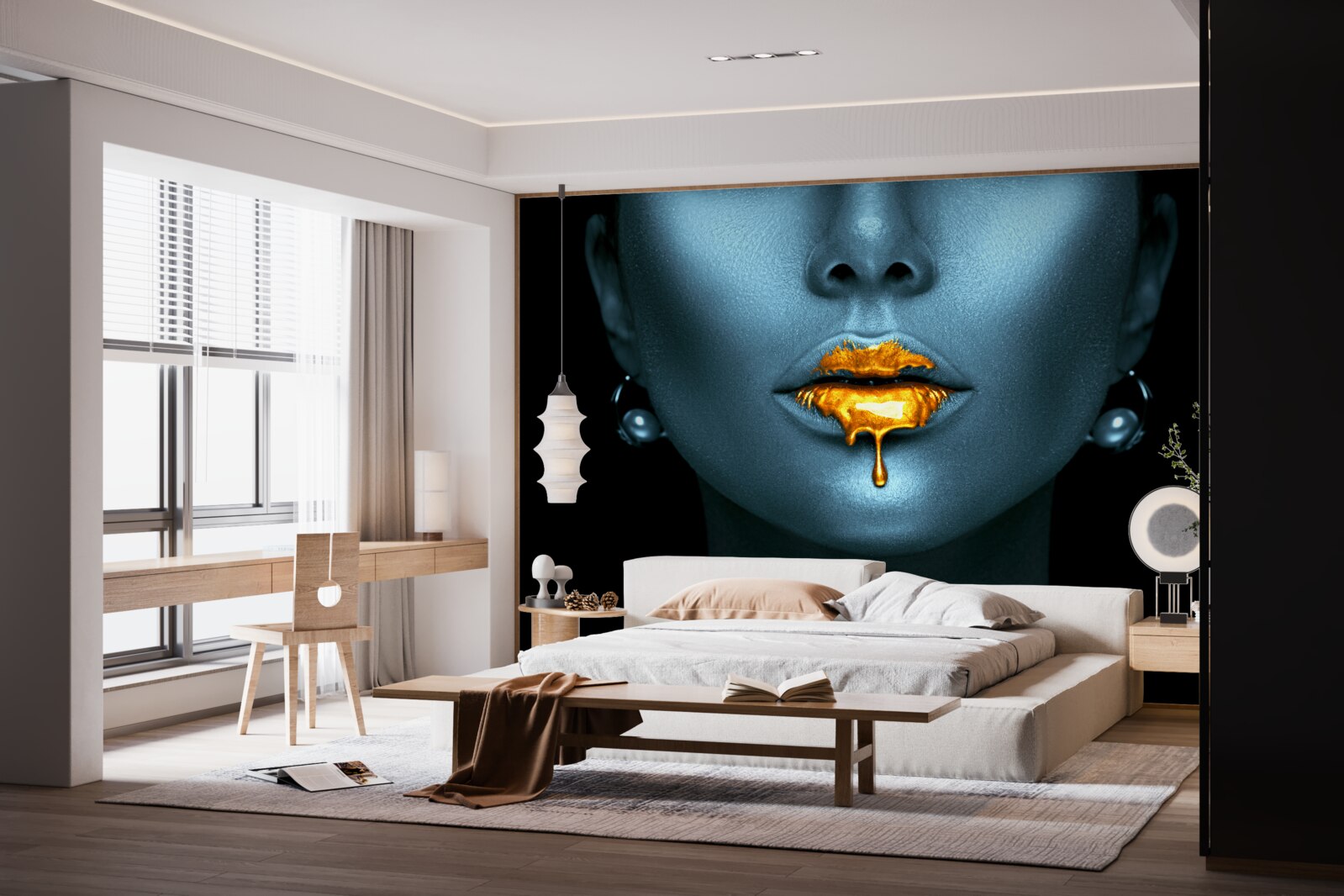 Papier peint femme aux lèvres recouvertes de peinture dorée