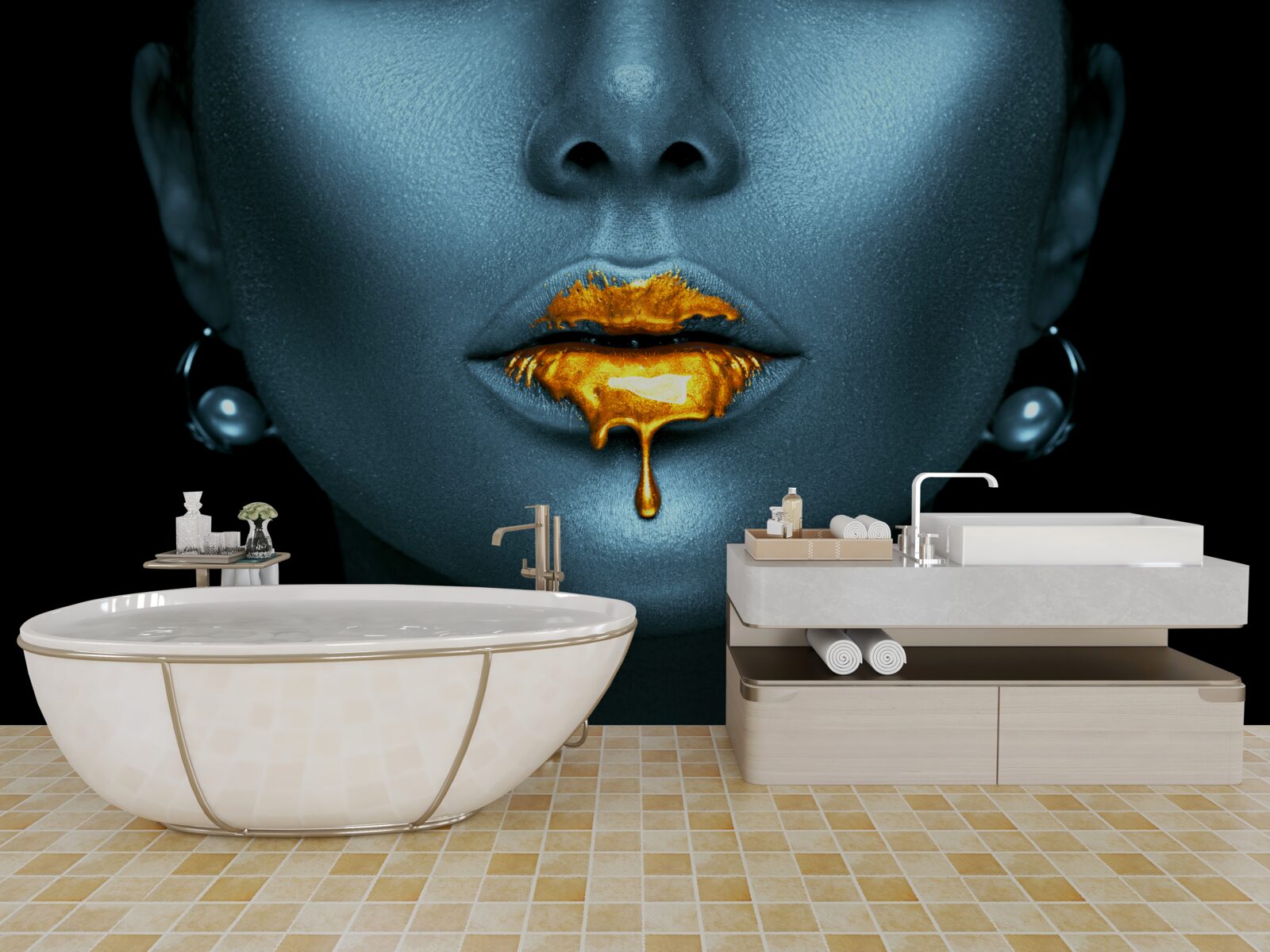 Papier peint femme aux lèvres recouvertes de peinture dorée