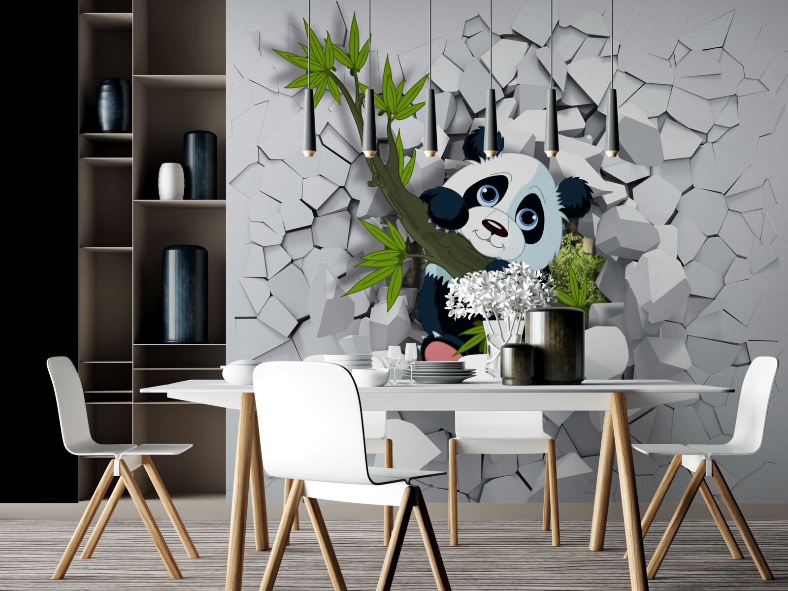 Papier peint Le panda regarde prudemment à travers le mur de briques en ruine.