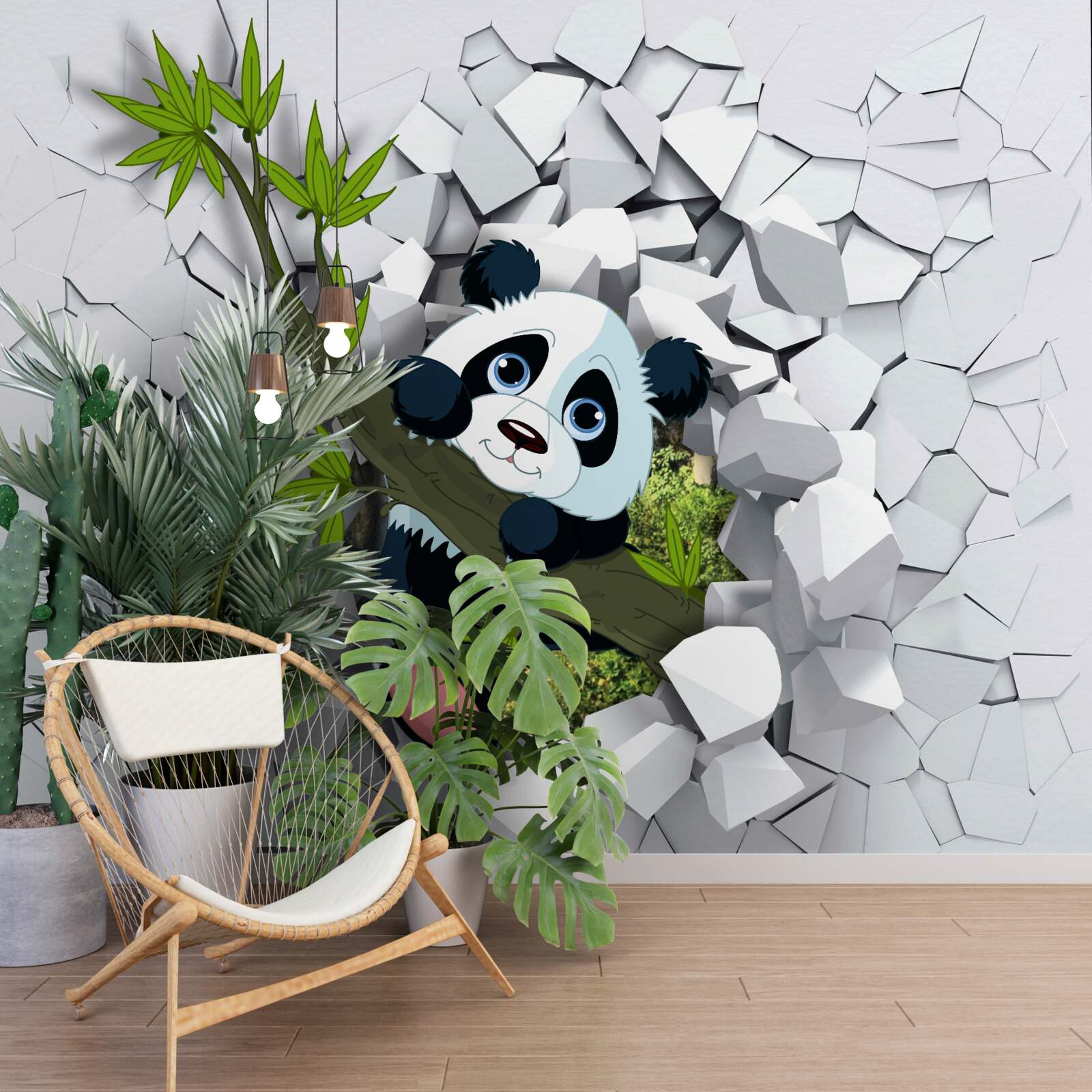 Papier peint Le panda regarde prudemment à travers le mur de briques en ruine.