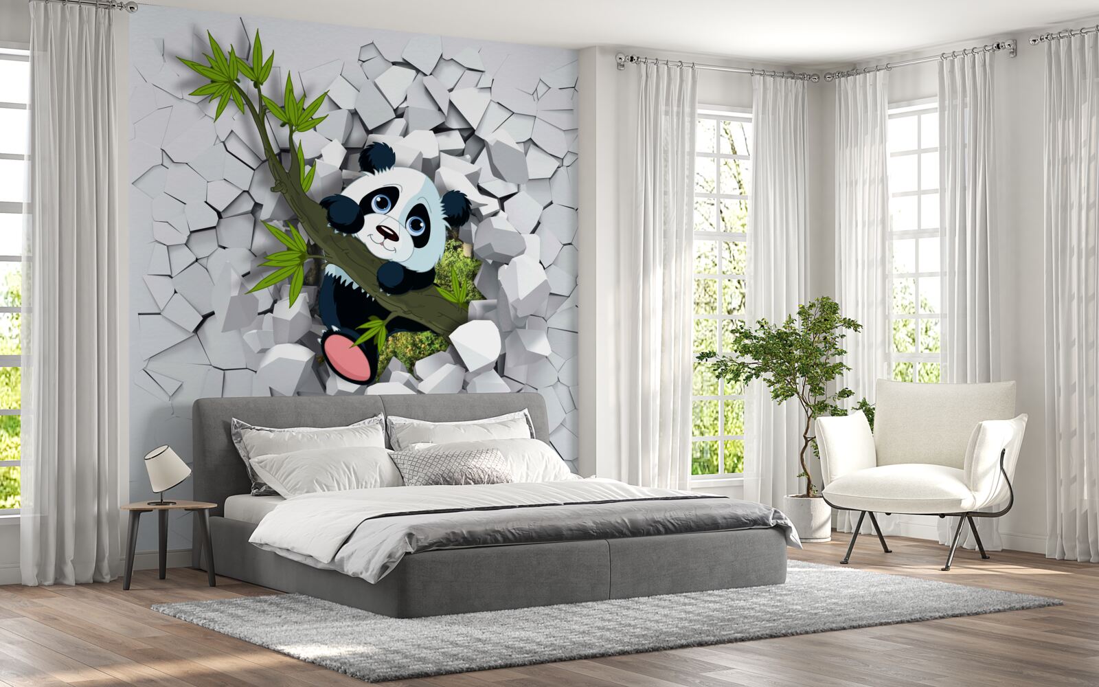 Papier peint Le panda regarde prudemment à travers le mur de briques en ruine.